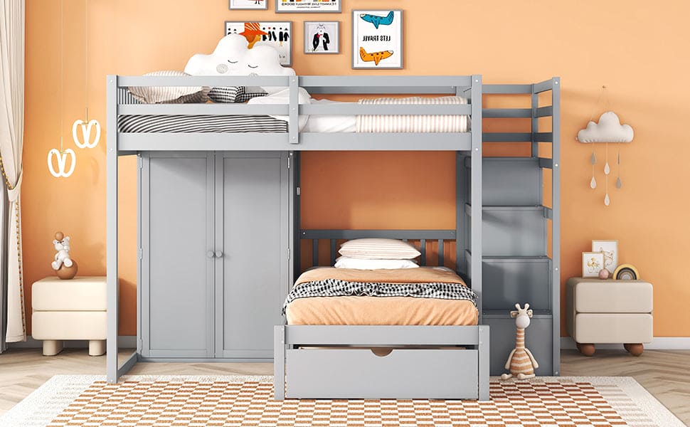 Full Over Twin Bunk Bed with Wardrobe, Drawers, Gray