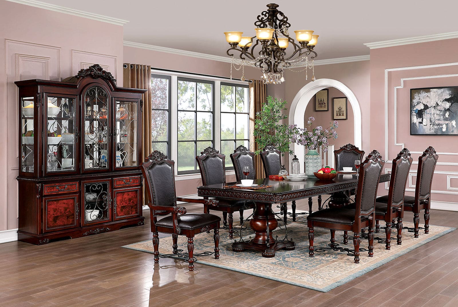 Majestic Traditional Set of 2pcs Side Chairs Brown Cherry Solid wood Faux Wood Carved Details Black Leatherette Seats Formal Dining Room Furniture