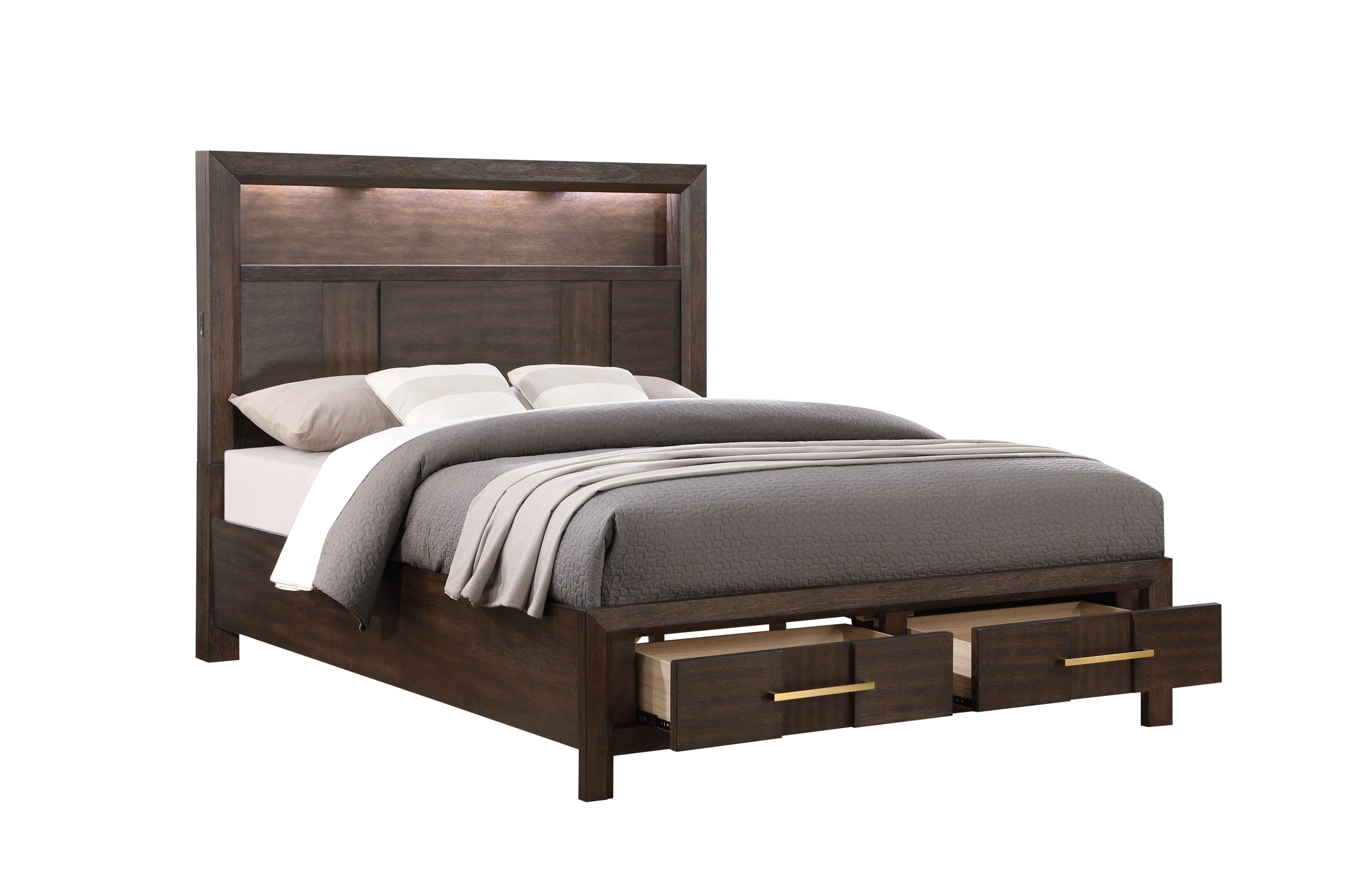 Kenzo Modern Style Full Bed Made with Wood & LED Headboard with bookshelf in Walnut