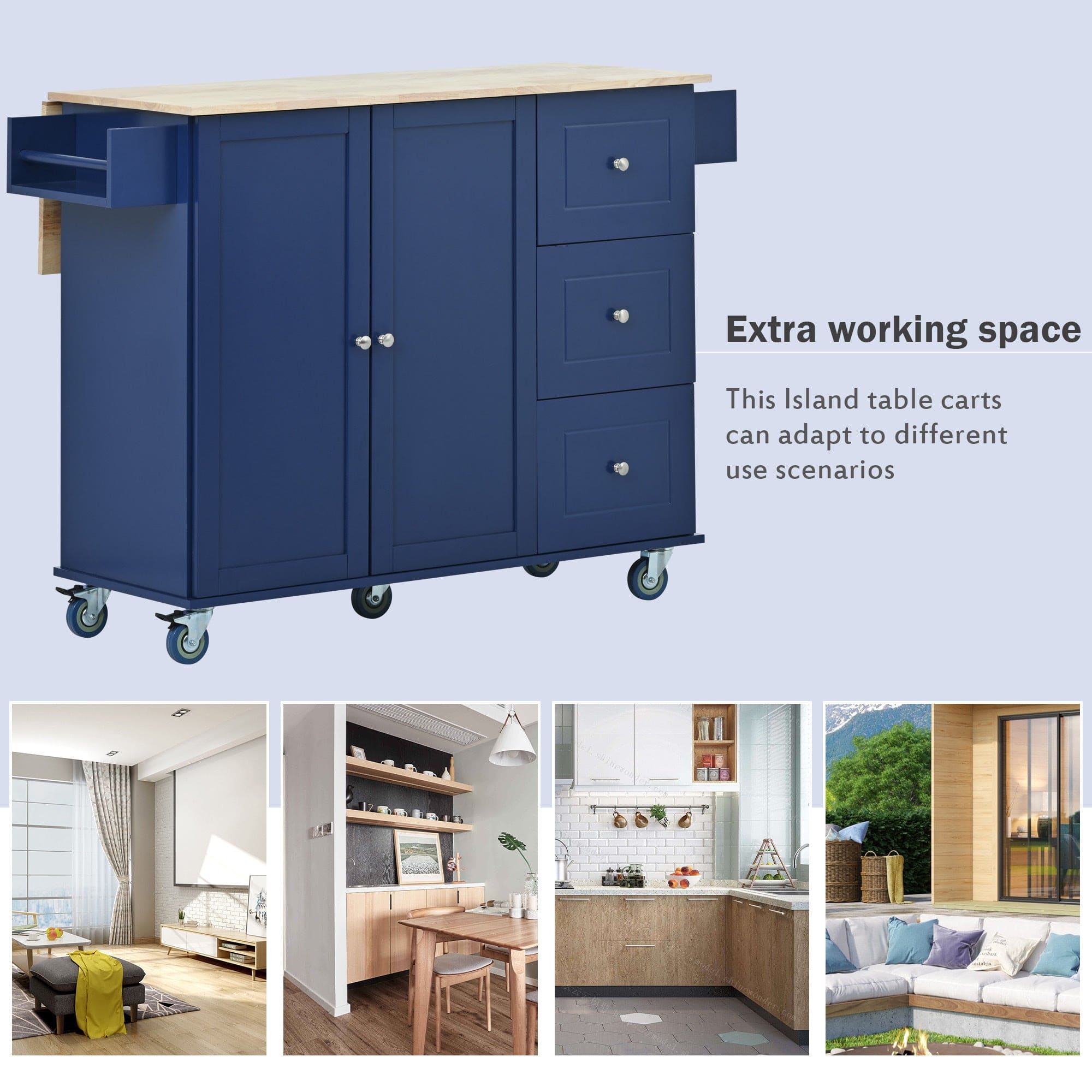 Rolling Mobile Kitchen Island with Drop Leaf - Solid Wood Top, Locking Wheels & Storage Cabinet 52.7 Inch Width(Dark blue)