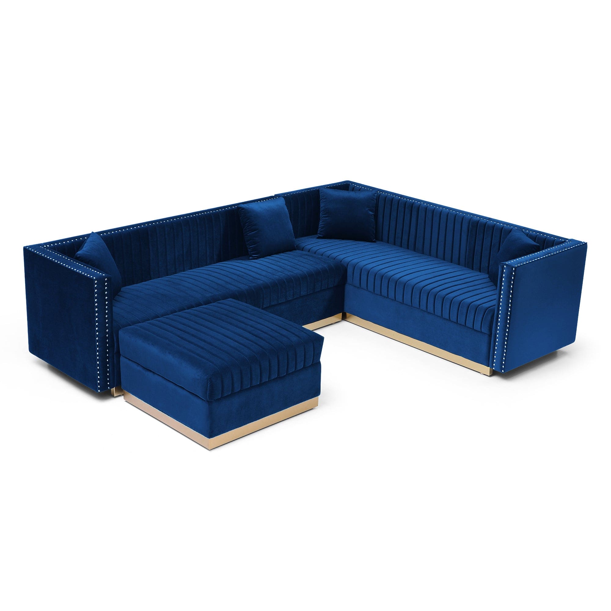 Contemporary Vertical Channel Tufted Velvet Sectional Sofa Modern Upholstered Corner Couch for Living Room Apartment with Ottoman and 4 pillows,Blue