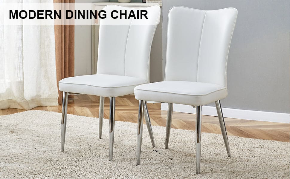 Modern minimalist dining chairs, office chairs. 2-piece set of white PU seats with silver metal legs. Suitable for restaurants, living rooms, and offices. C-008