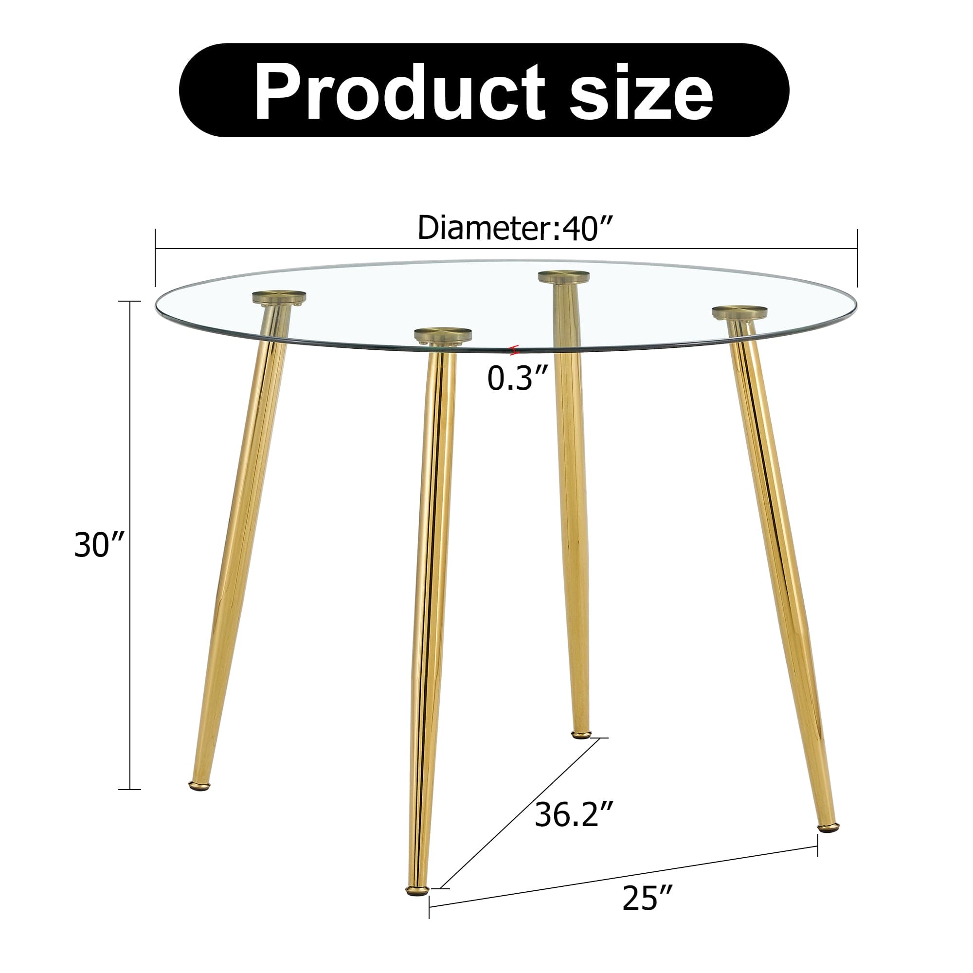 A glass tabletop with a diameter of 40 inches and a modern minimalist circular dining table with gold plated metal legs. 40 '* 40' * 30 ' DT-1164