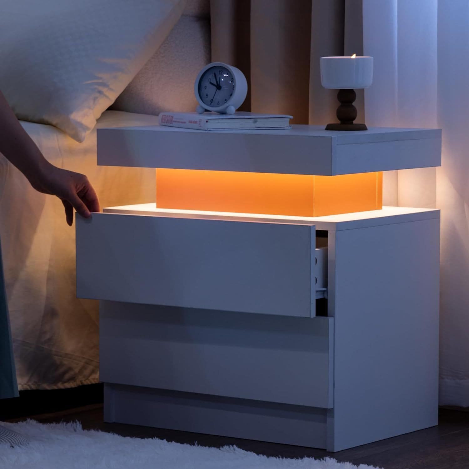 Nightstand LED Bedside Table Cabinet Lights Modern End Side with 2 Drawers for Bedroom (White Red)