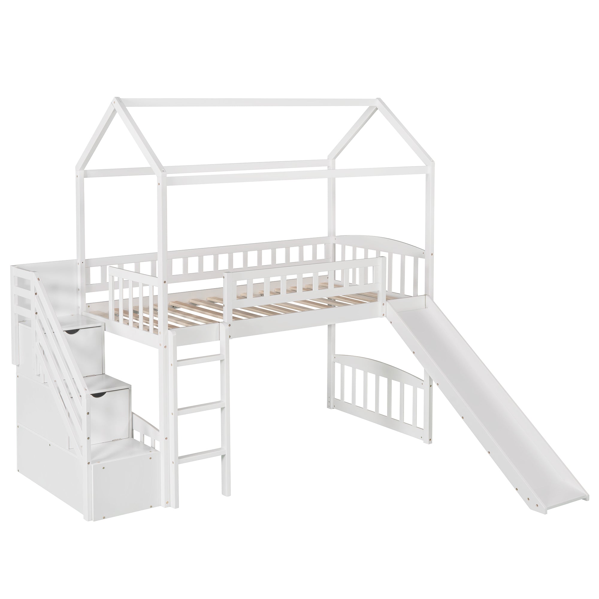 Twin Loft Bed with Two Drawers and Slide, House Bed with Slide, White (Old SKU: LP000130AAK)