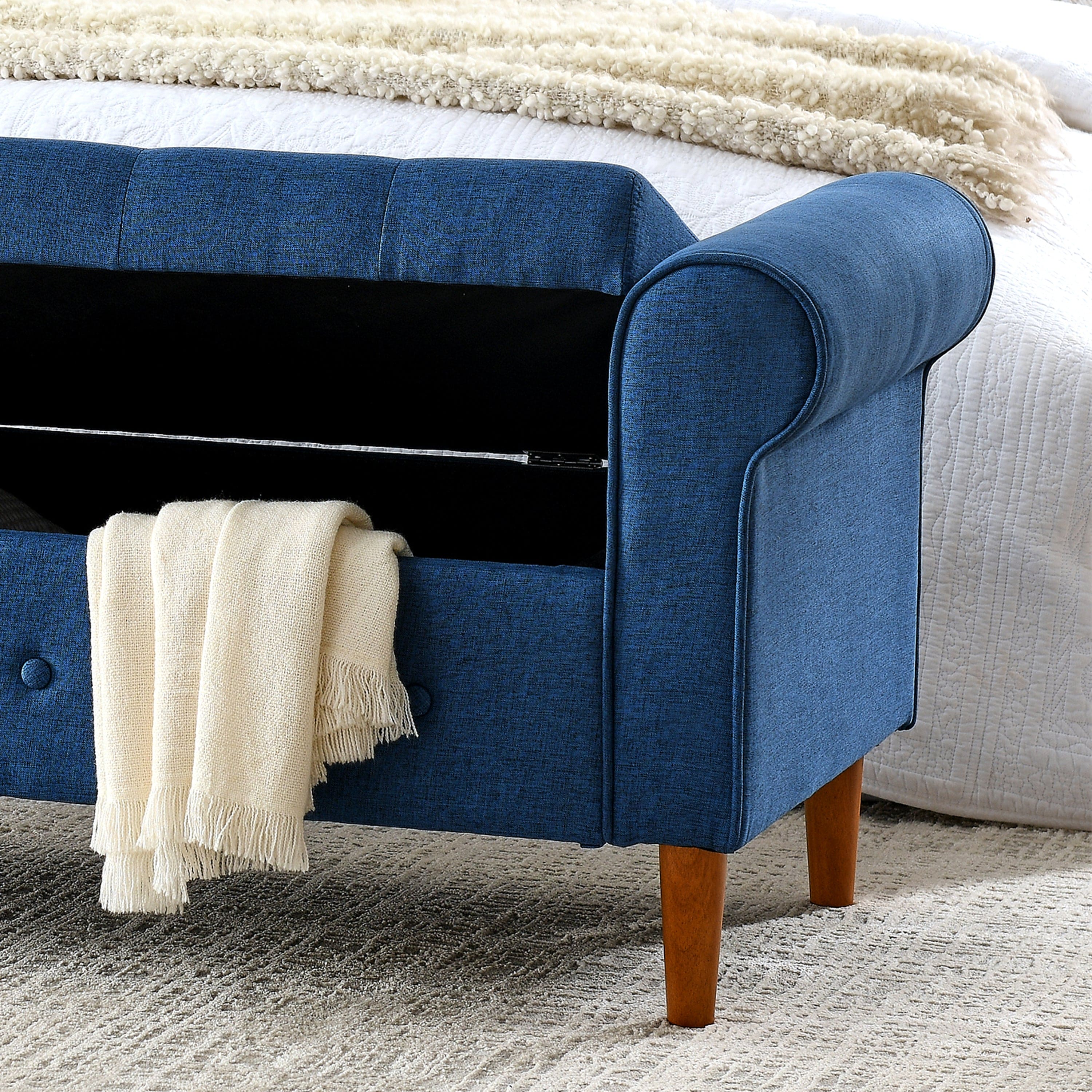 62" Bedroom Tufted Button Storage Bench, Linen Upholstered Ottoman, Window Bench, Rolled Arm Design for Bedroom, Living Room, Foyer (Blue)