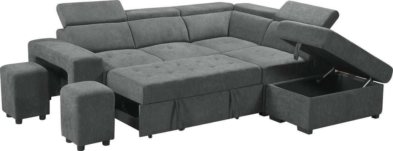 Henrik Light Gray Sleeper Sectional Sofa with Storage Ottoman and 2 Stools