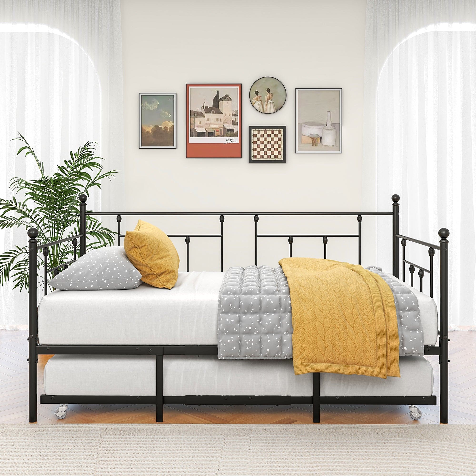 Metal Daybed Frame Twin Size Platform with trundle , No Box Spring Needed Black