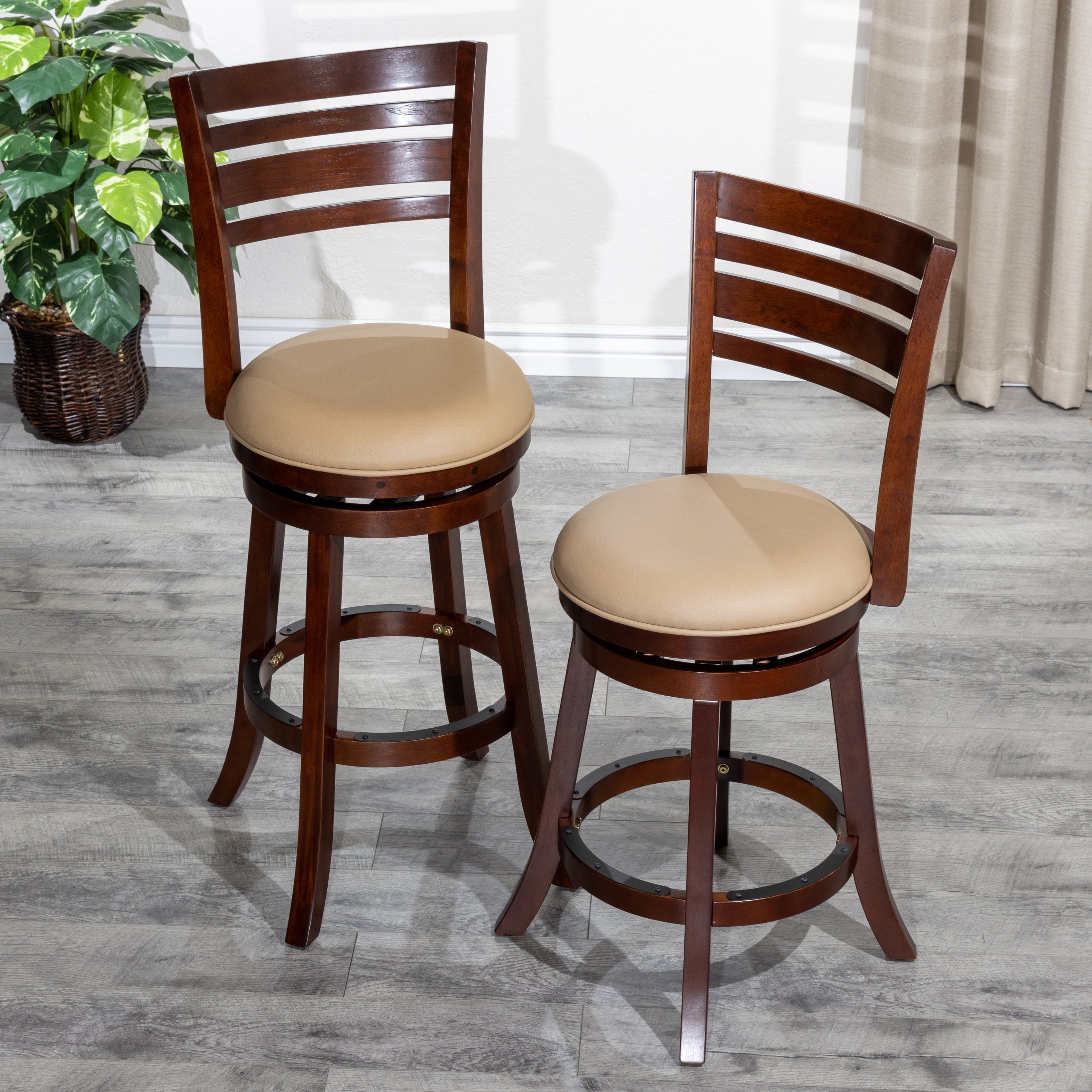 24" Counter Height Slat Back Swivel Stool, Cherry Finish, Bone Leather Seat