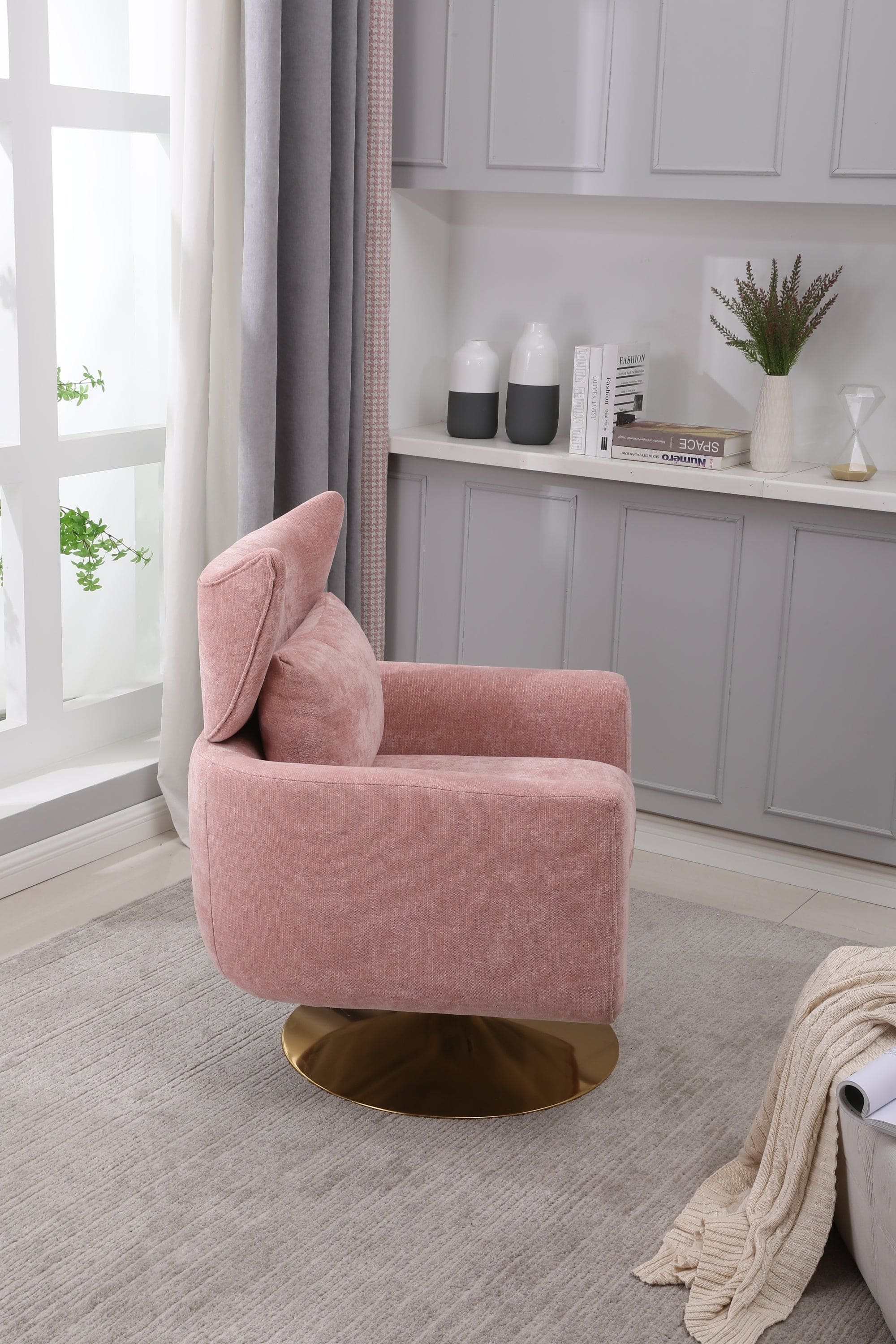 Classic Mid-Century 360-degree Swivel  Accent Chair, Pink Linen