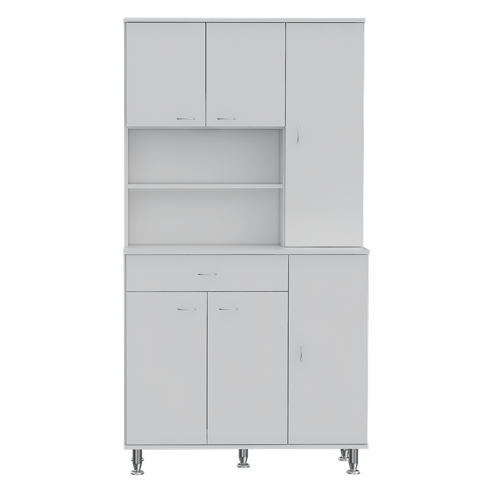 Della 90 Kitchen Pantry, One Drawer, Multiple Cabinets, Two Open Shelvess -White