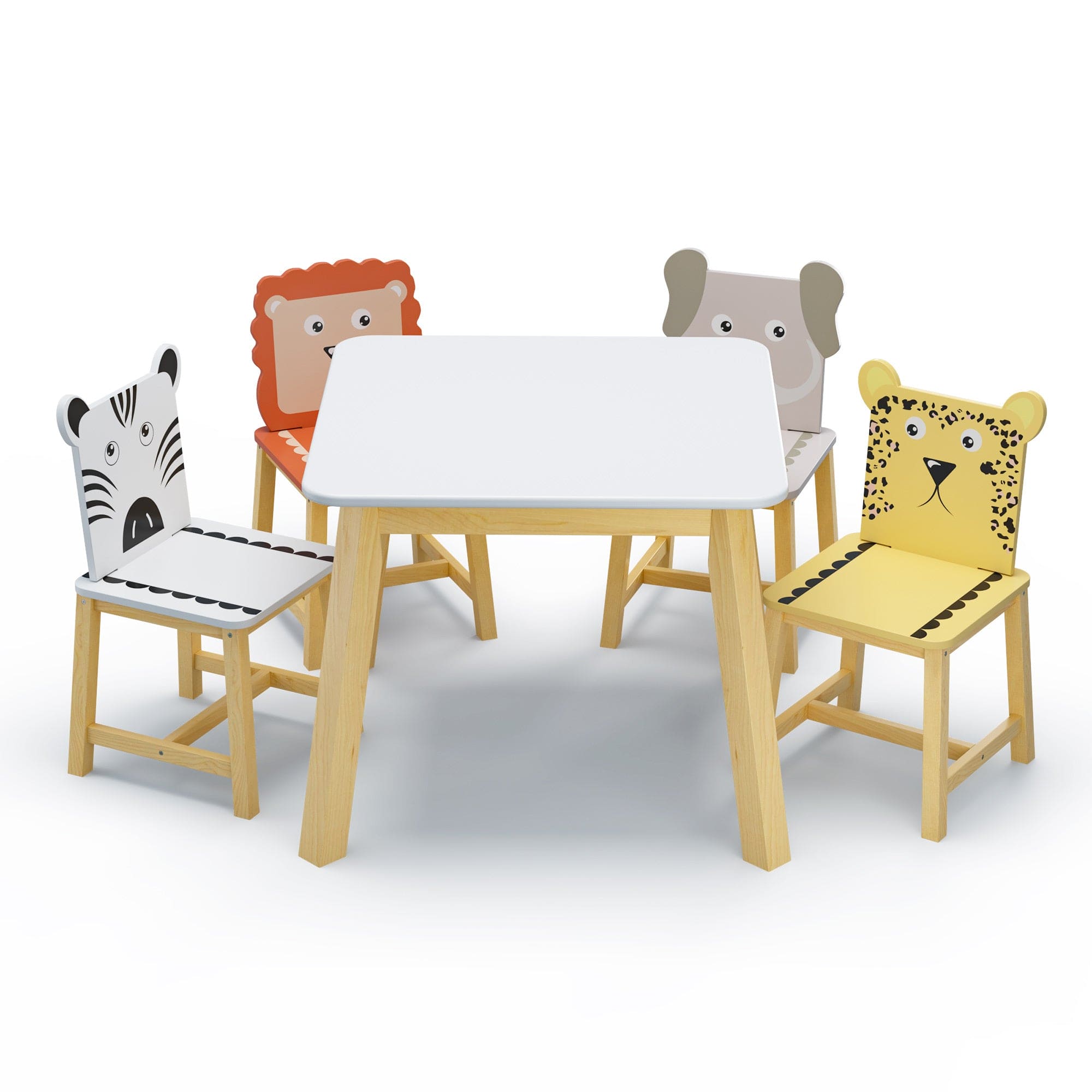 5 Piece Kiddy Table and Chair Set , Kids Wood Table with 4 Chairs Set Cartoon Animals (bigger table) (3-8 years old)