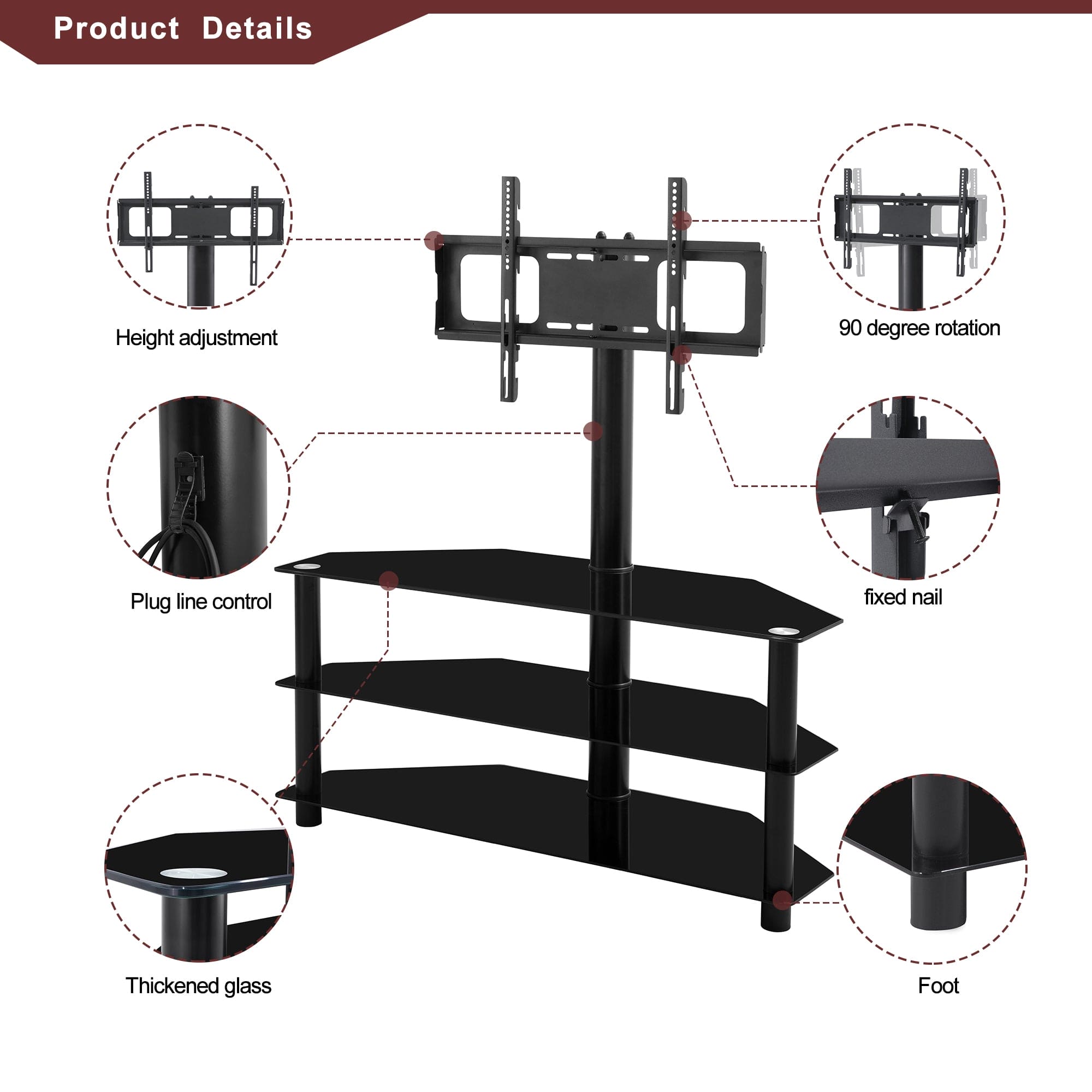 35.4 inch Black Multi-function TV Stand Height Adjustable Bracket Swivel 3-Tier