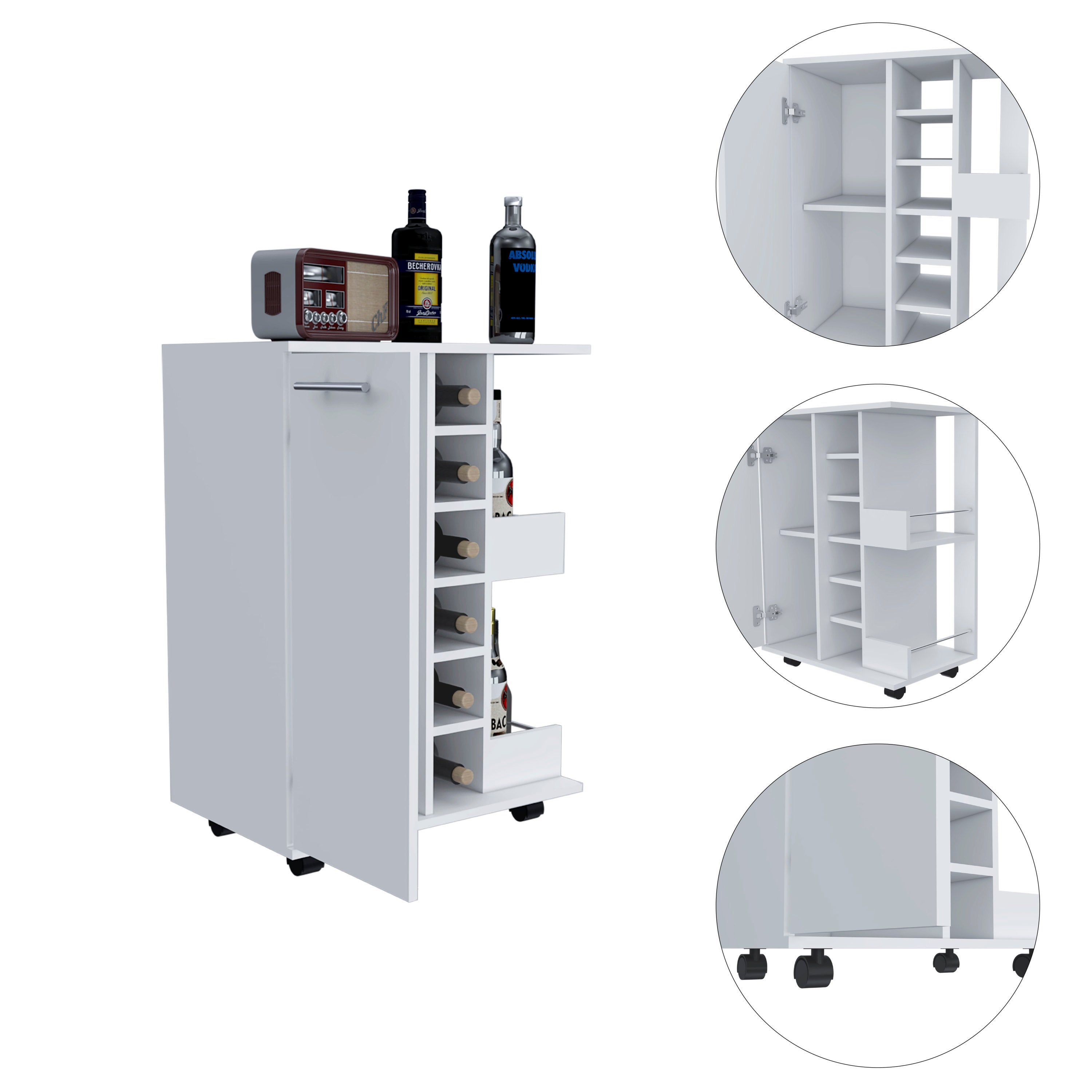 Bar Cart Wells, Four Casters, Six Wine Cubbies, Single Door Cabinet, White Finish