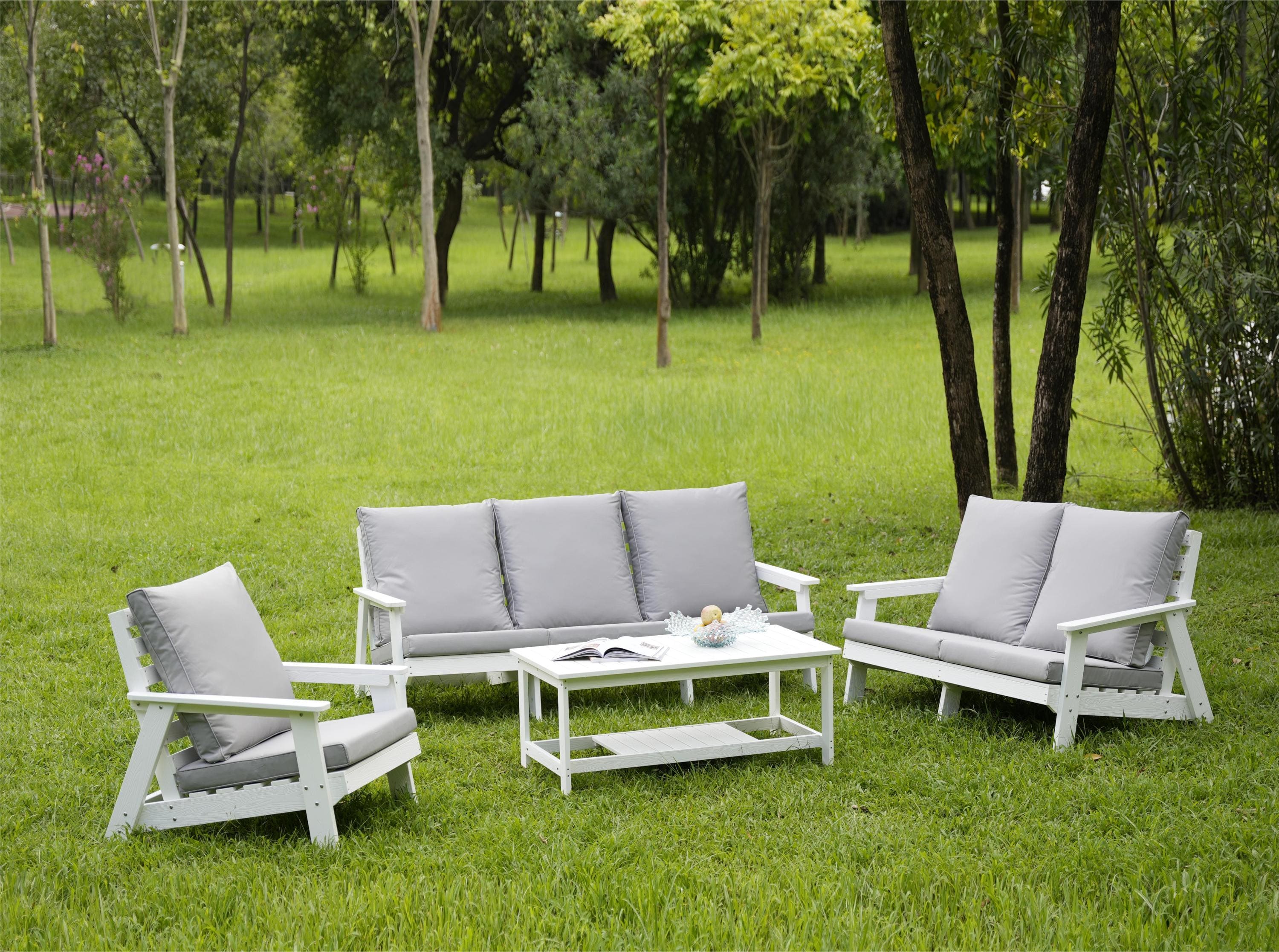 HIPS Loveseat with Cushion, Wood Grain Outdoor Garden Sofa,White/Grey