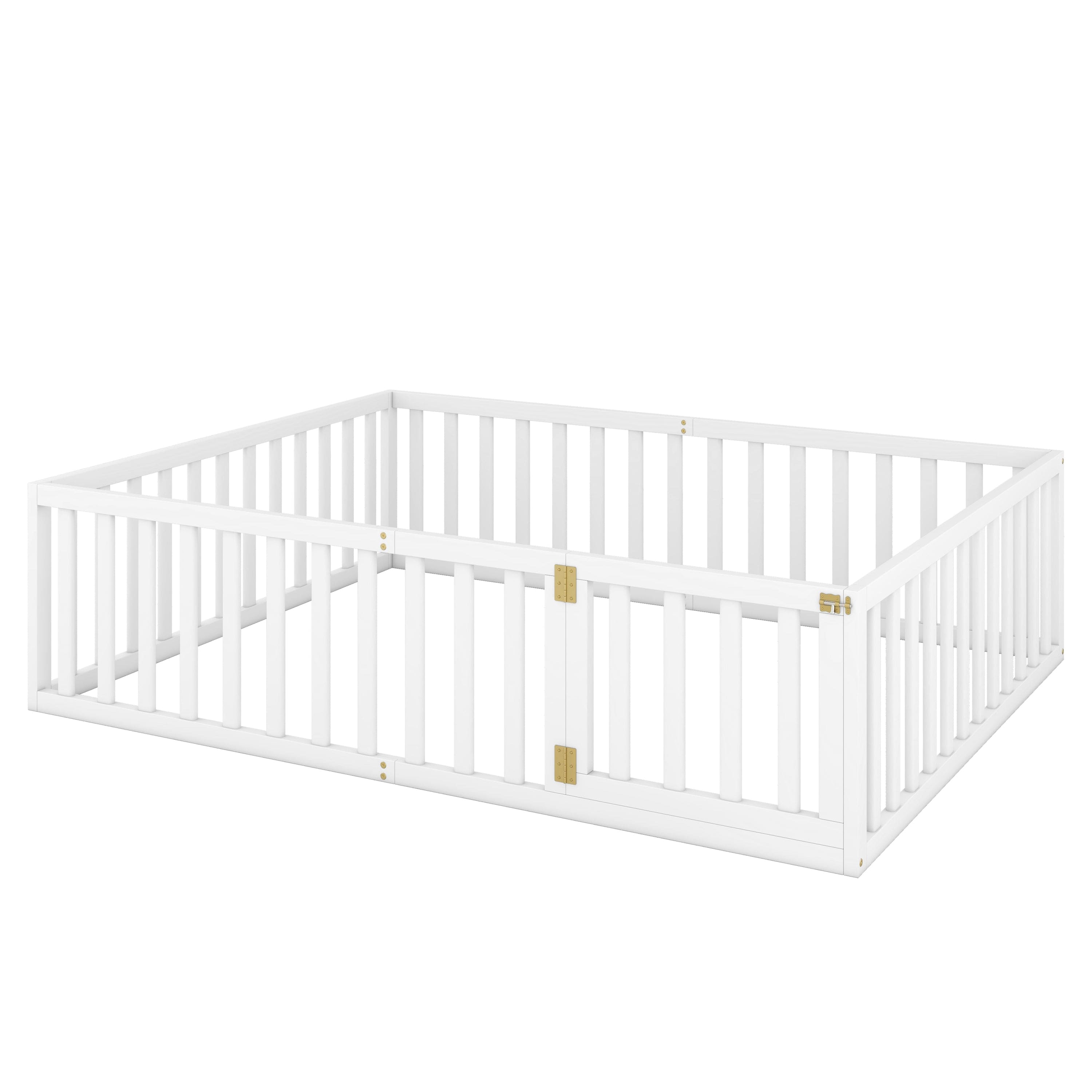 Queen  Size Wood Floor Bed Frame with Fence and Door, White(OLD SKU:WF289663AAK)