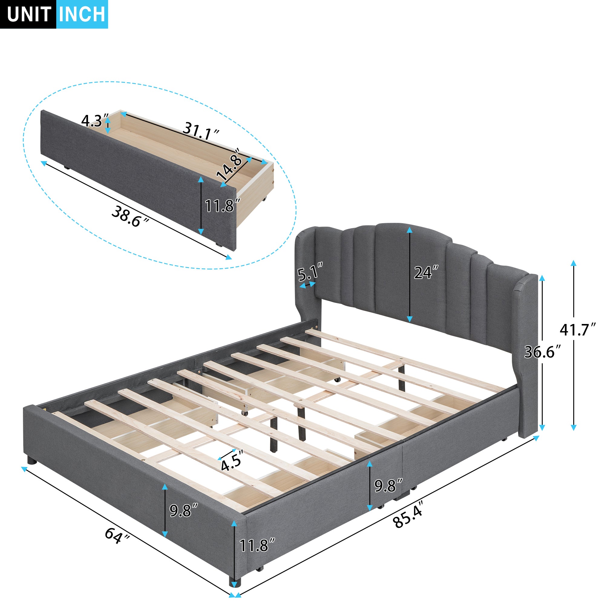 Upholstered Platform Bed with Wingback Headboard and 4 Drawers, No Box Spring Needed, Linen Fabric, Queen Size Gray