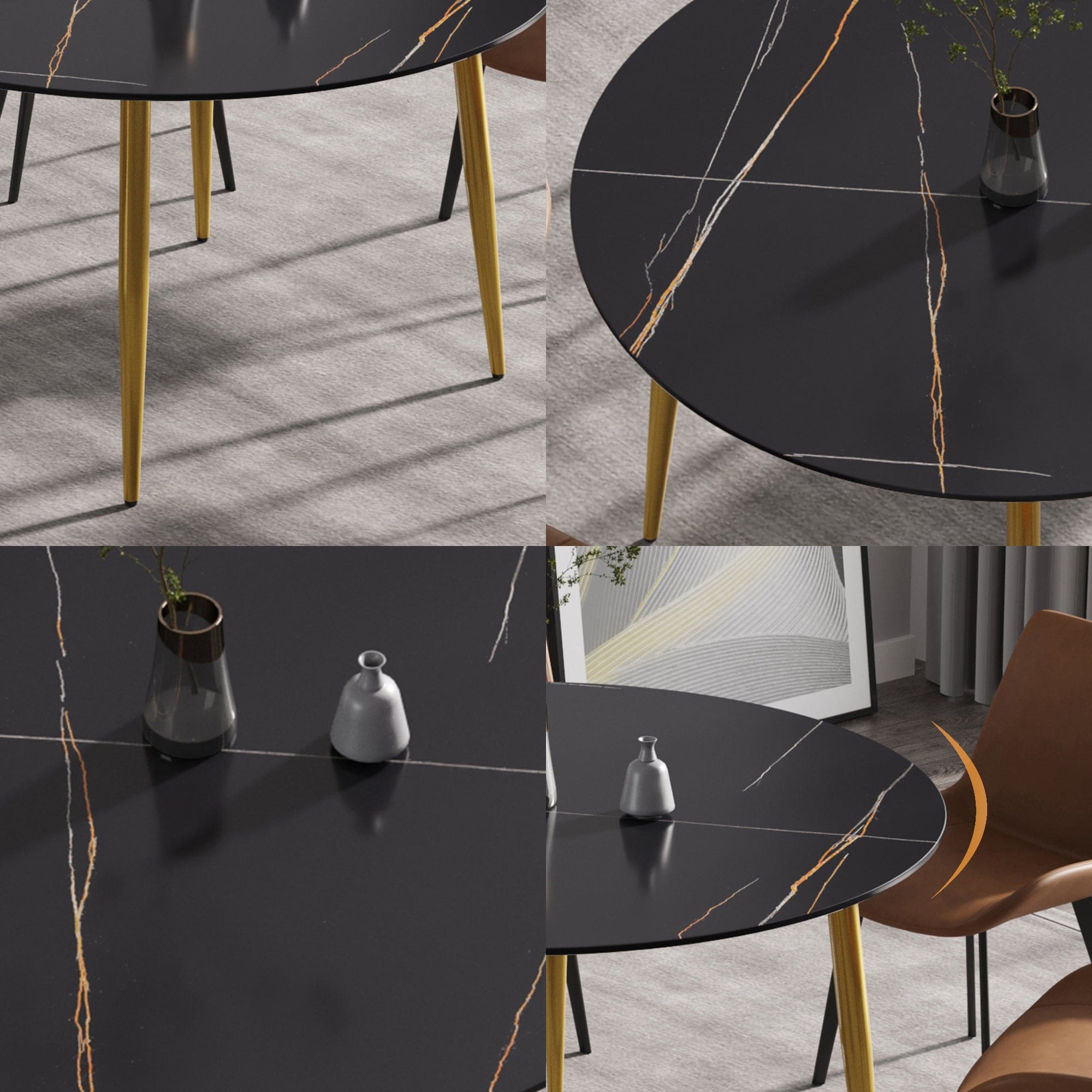 53.15 " modern artificial stone black round dining table with golden metal legs-can accommodate 6 people.