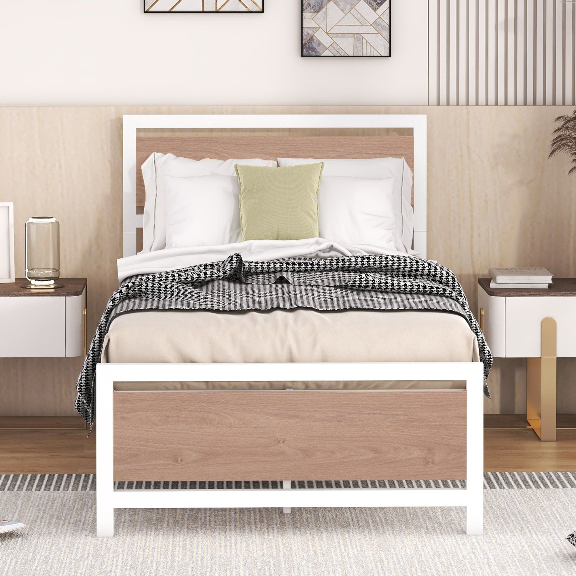 Twin Size Platform Bed, Metal and Wood Bed Frame with Headboard and Footboard , White