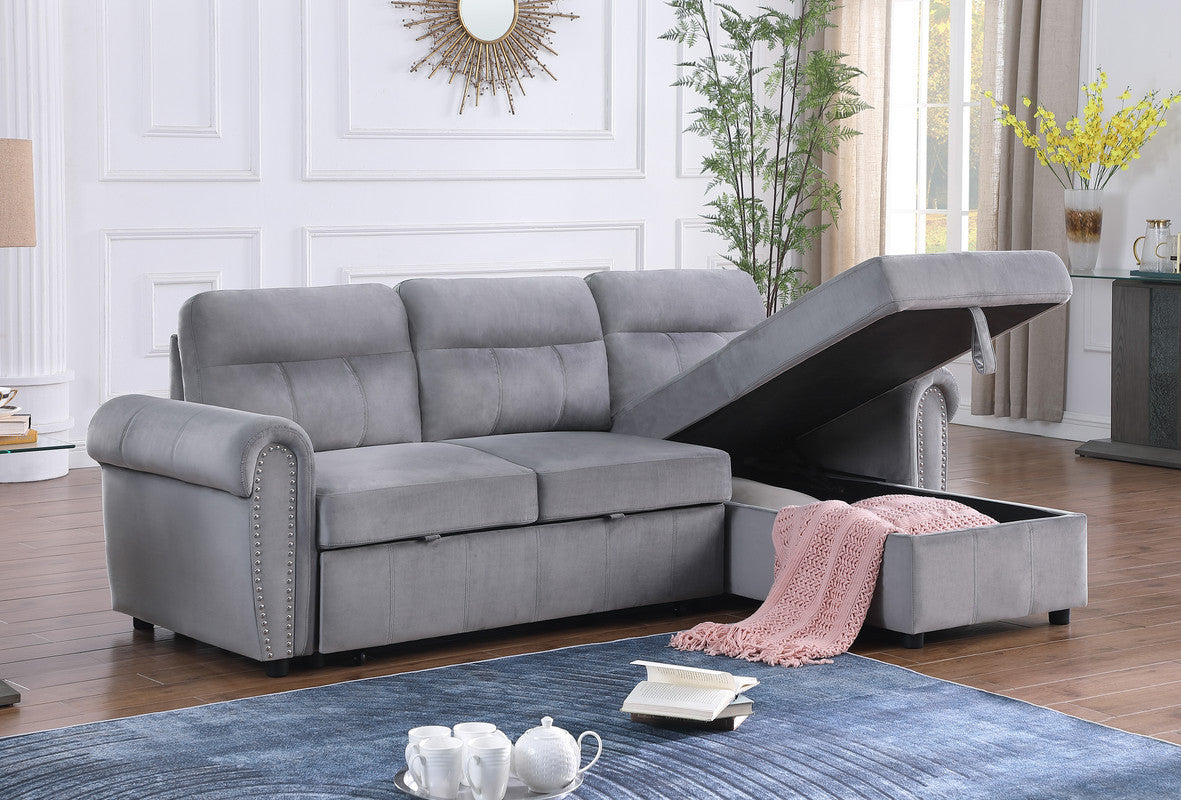 Ashton Gray Velvet Fabric Reversible Sleeper Sectional Sofa Chaise