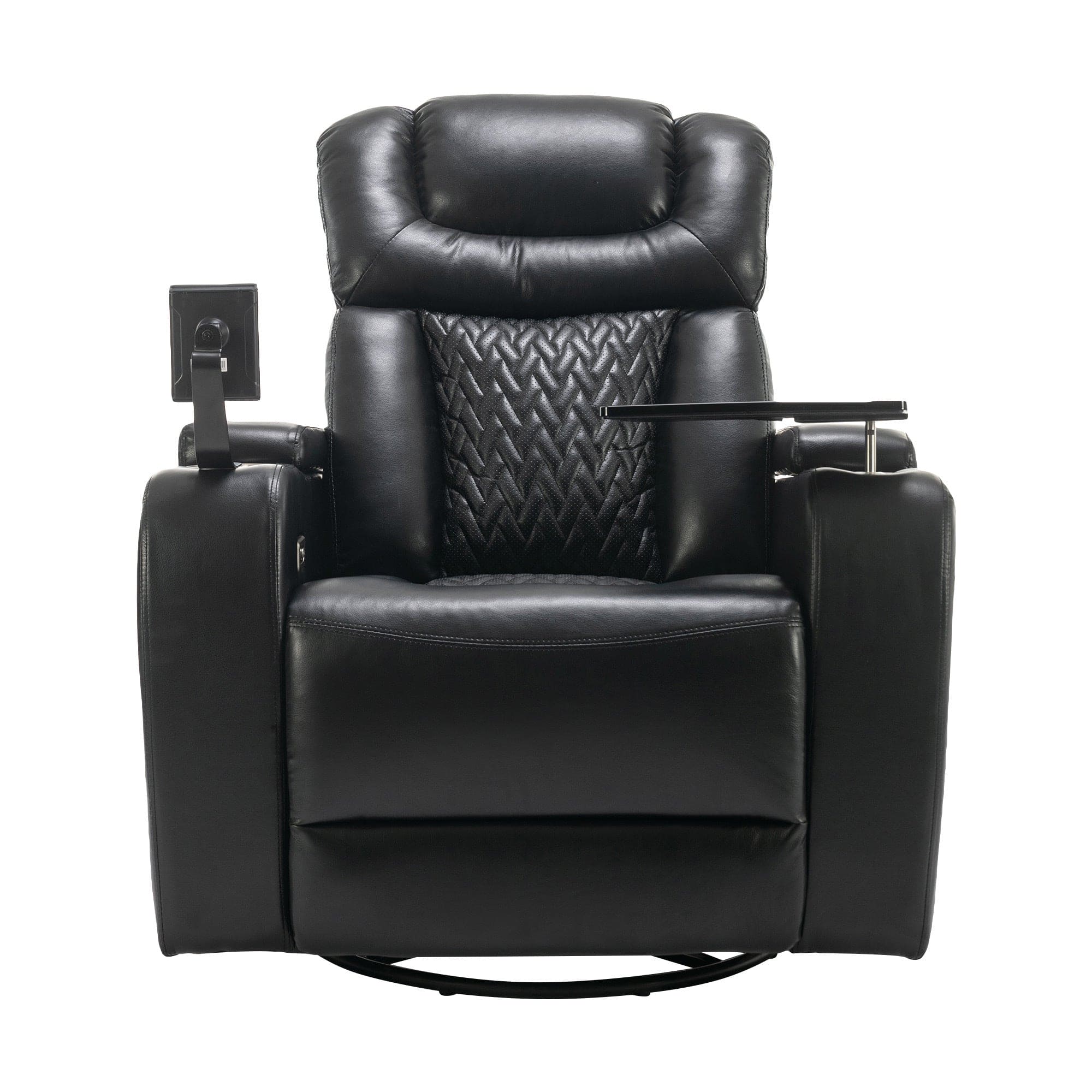 270 Degree Swivel PU Leather Power Recliner Individual Seat Home Theater Recliner with  Comforable Backrest, Tray Table,  Phone Holder, Cup Holder,  USB Port, Hidden Arm Storage for Living Room, Black