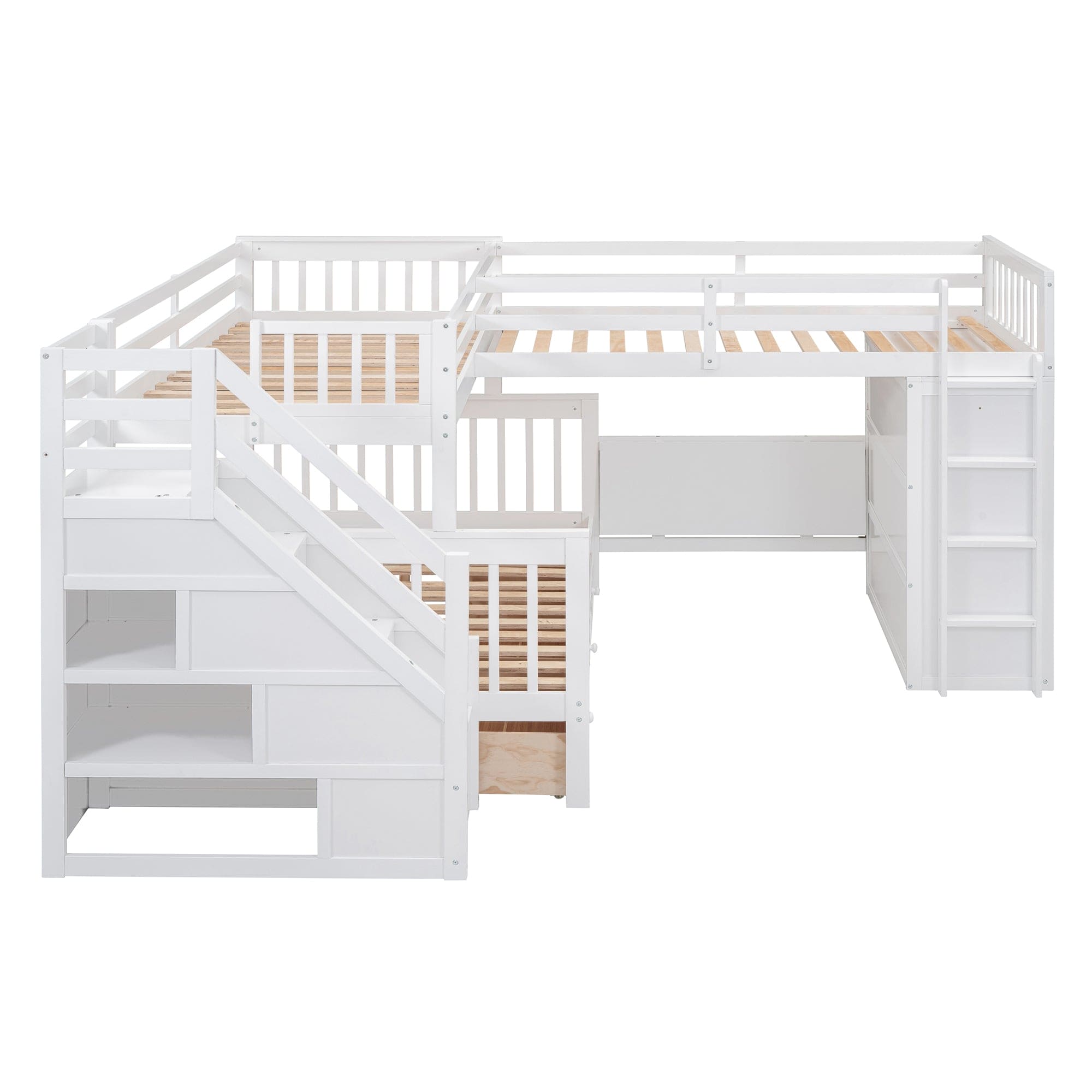 Twin-Twin over Full L-Shaped Bunk Bed With 3 Drawers, Portable Desk and Wardrobe, White