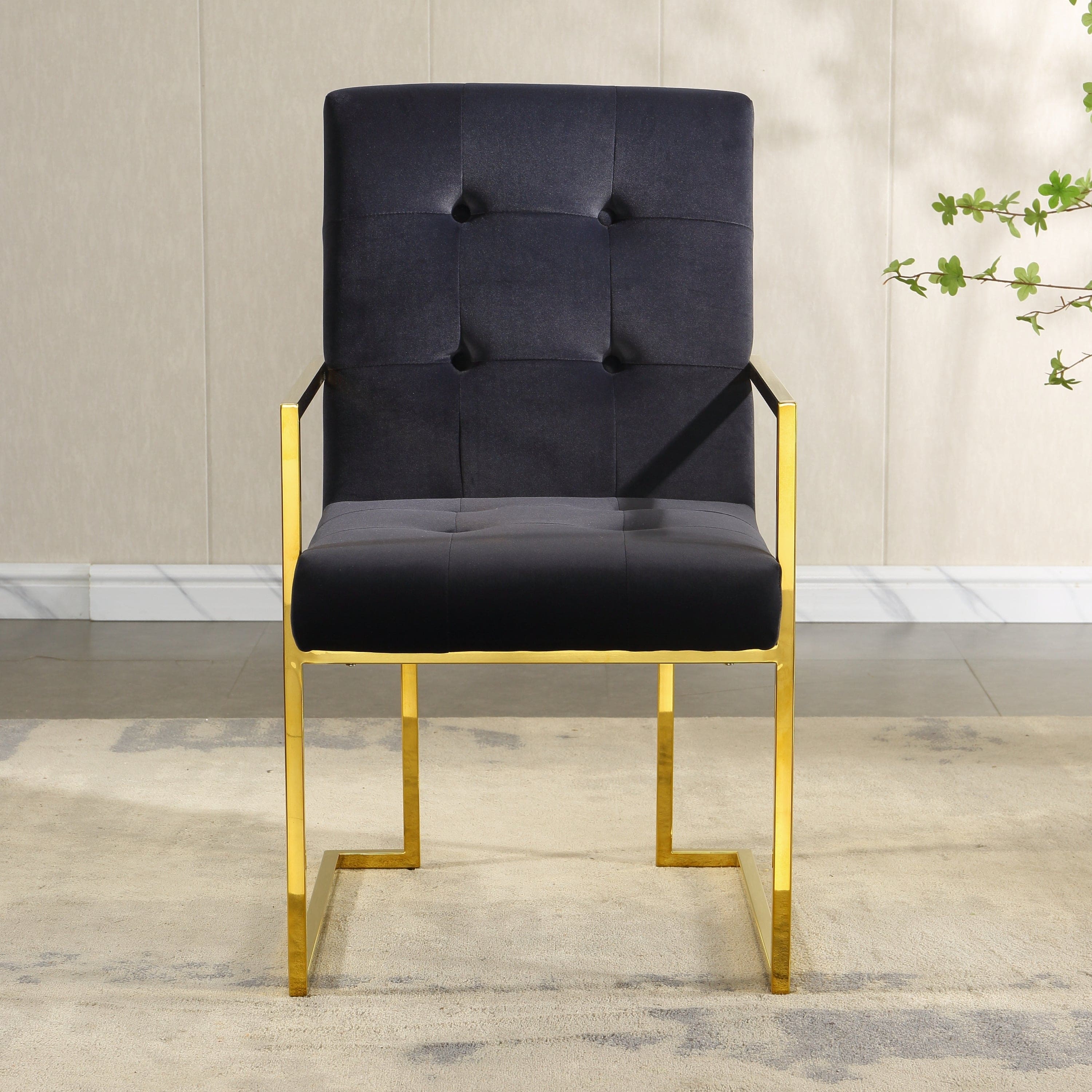 Modern Velvet Dining Arm Chair Set of 1, Tufted Design and Gold Finish Stainless Base