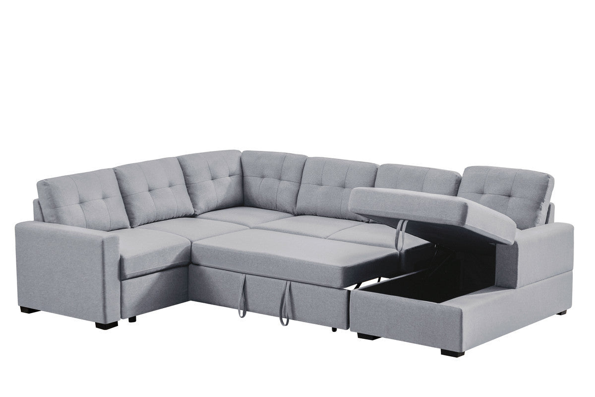 Selene Light Gray Linen Fabric Sleeper Sectional Sofa with Storage Chaise