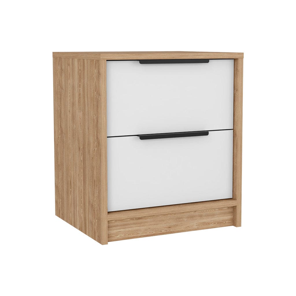 Nightstand Cervants, Two Drawers, Metal Handle, White / Pine Finish