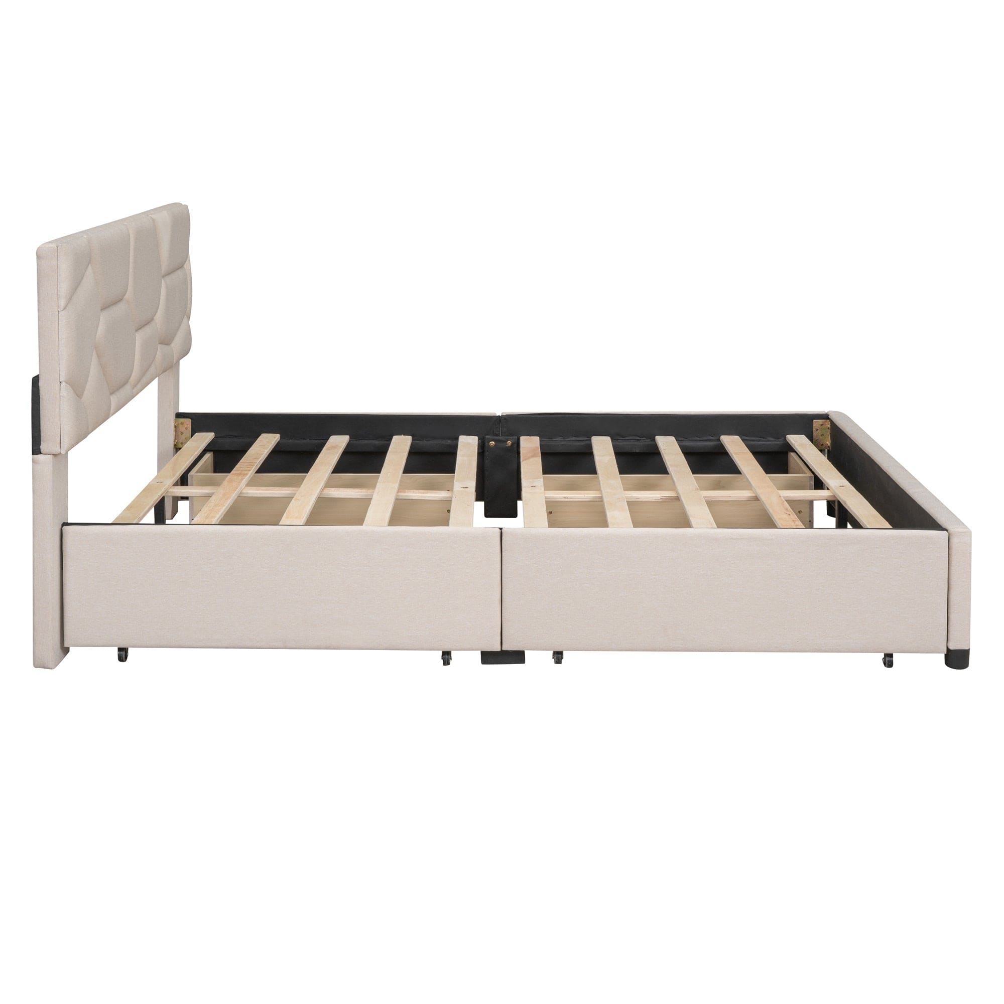 Queen Size Upholstered Platform Bed with Brick Pattern Headboard and 4 Drawers, Linen Fabric, Beige