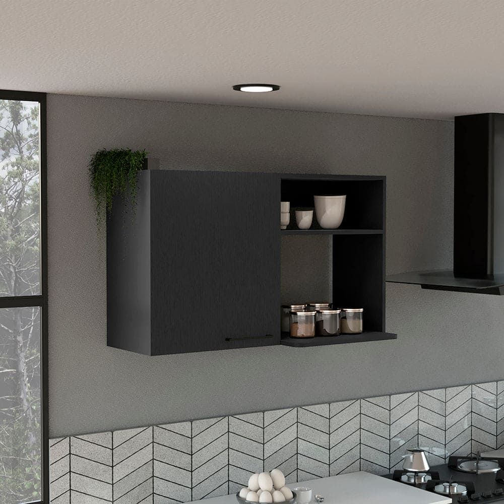 Kitchen Wall Cabinet Bussolengo, Two Shelves, Black Wengue Finish