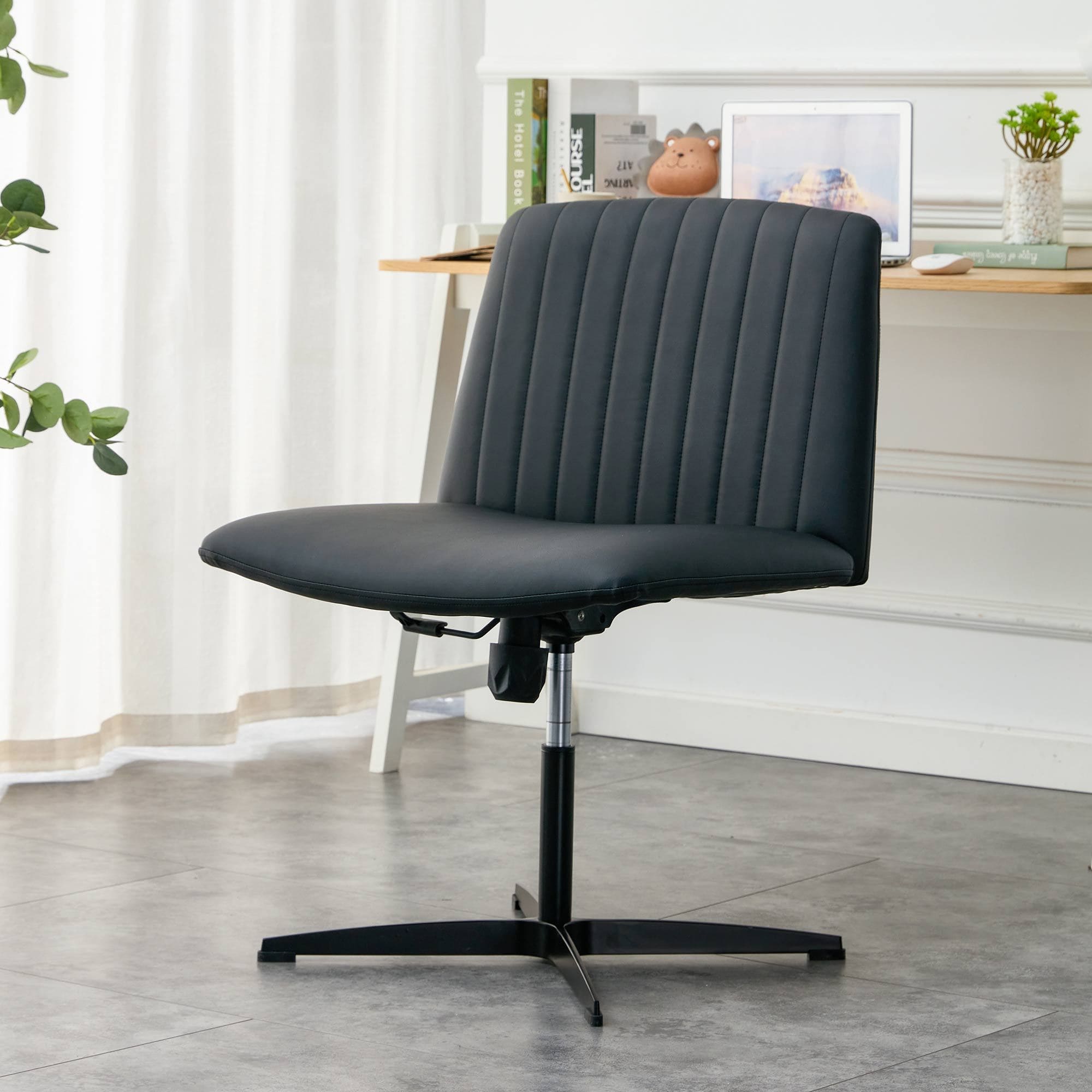 Black High Grade Pu Material. Home Computer Chair Office Chair Adjustable 360 ° Swivel Cushion Chair With Black Foot Swivel Chair Makeup Chair Study Desk Chair. No WheelsW115167391