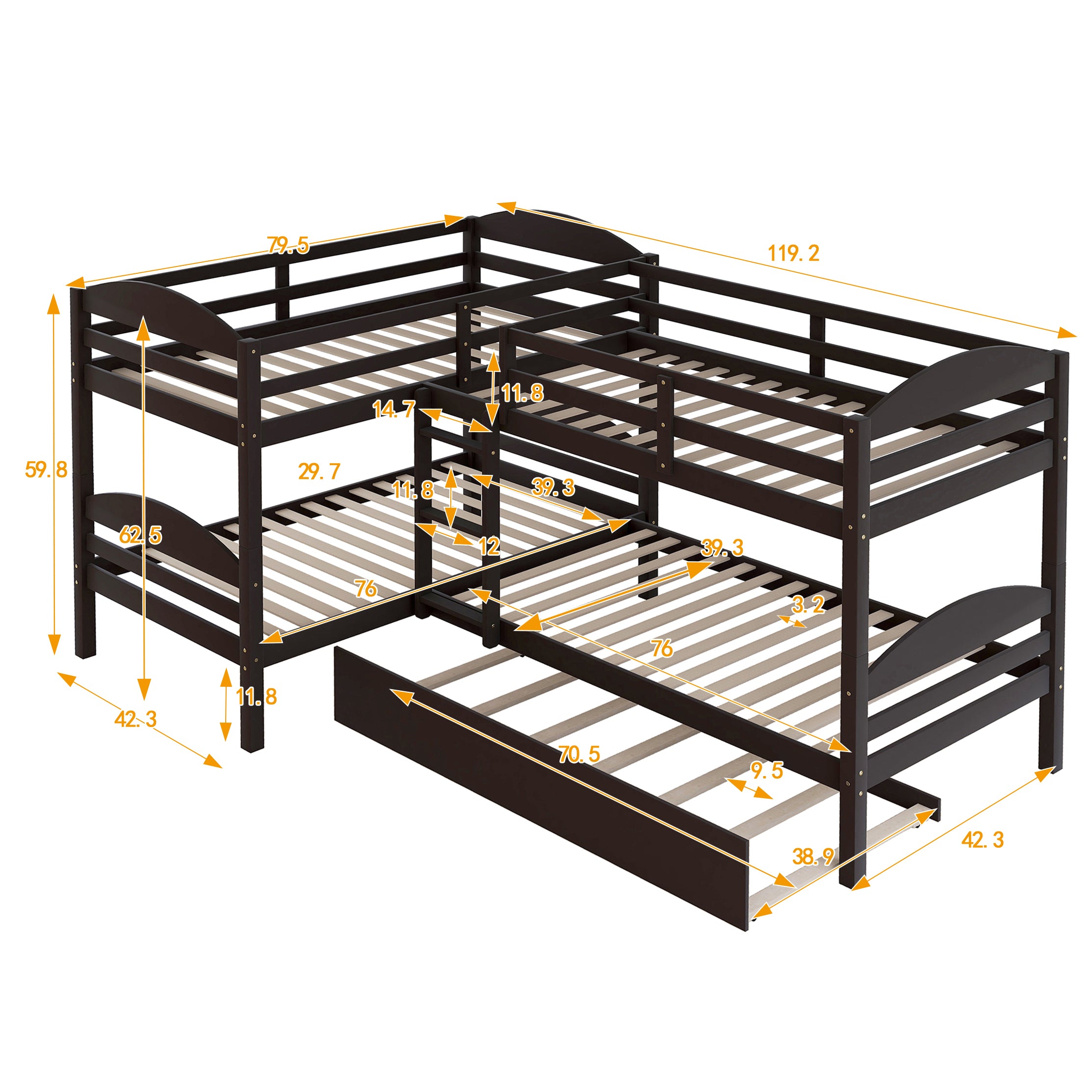 Twin L-Shaped Bunk bed with Trundle-Espresso（OLD SKU:LP000024AAP)