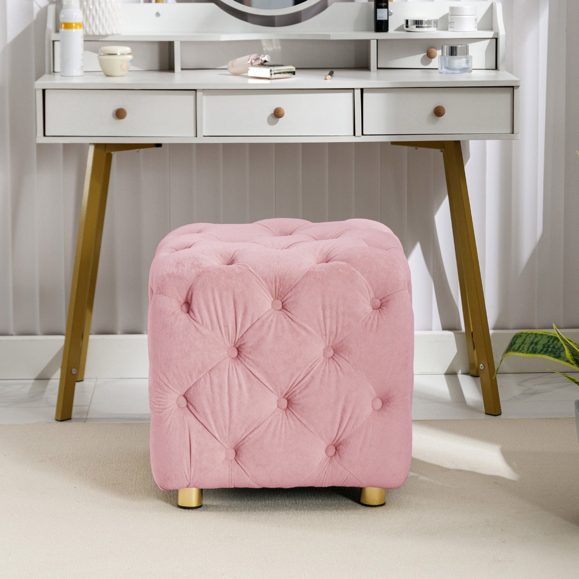 Pink Modern Velvet Upholstered Ottoman, Exquisite Small End Table, Soft Foot Stool,Dressing Makeup Chair, Comfortable Seat for Living Room, Bedroom, Entrance