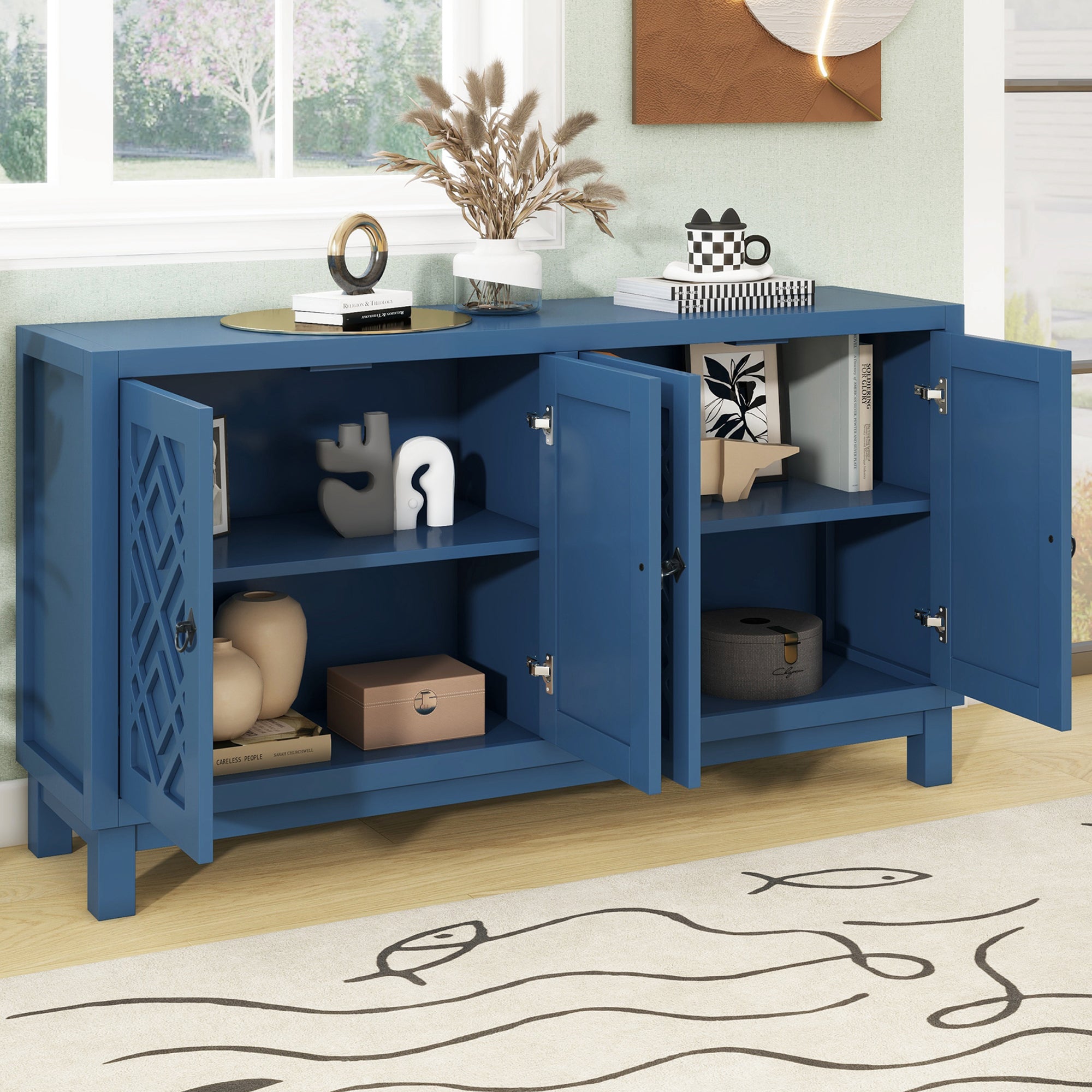 TREXM Large Storage Space Sideboard, 4 Door Buffet Cabinet with Pull Ring Handles for Living Room, Dining Room (Navy)