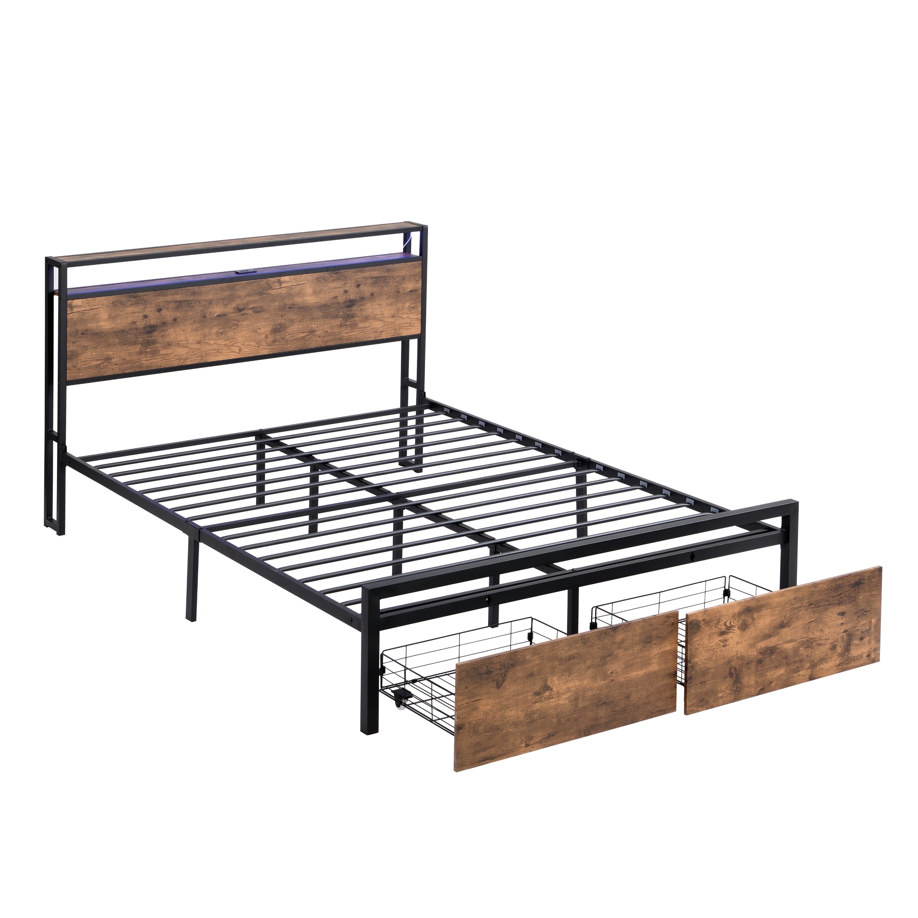 Queen Size Bed Frame with Storage Headboard and 2 Drawers, LED Lights Bed with Charging Station, Metal Platform Bed No Noise, Mattress Foundation Strong Metal Slats Support No Box Spring Needed