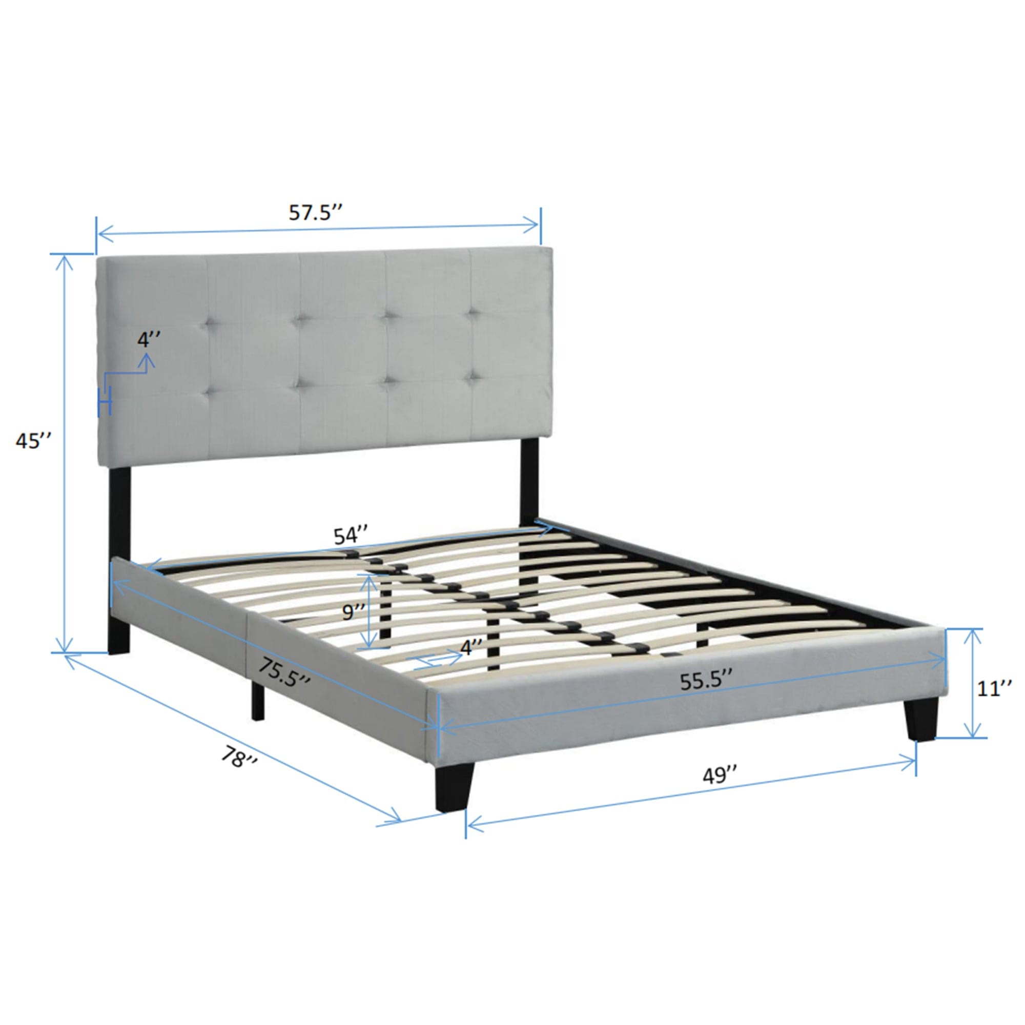 Full Size Upholstered  Platform Bed Frame with  pull point Tufted Headboard, Strong Wood Slat Support, Mattress Foundation, No Box Spring Needed, Easy Assembly,  Gray