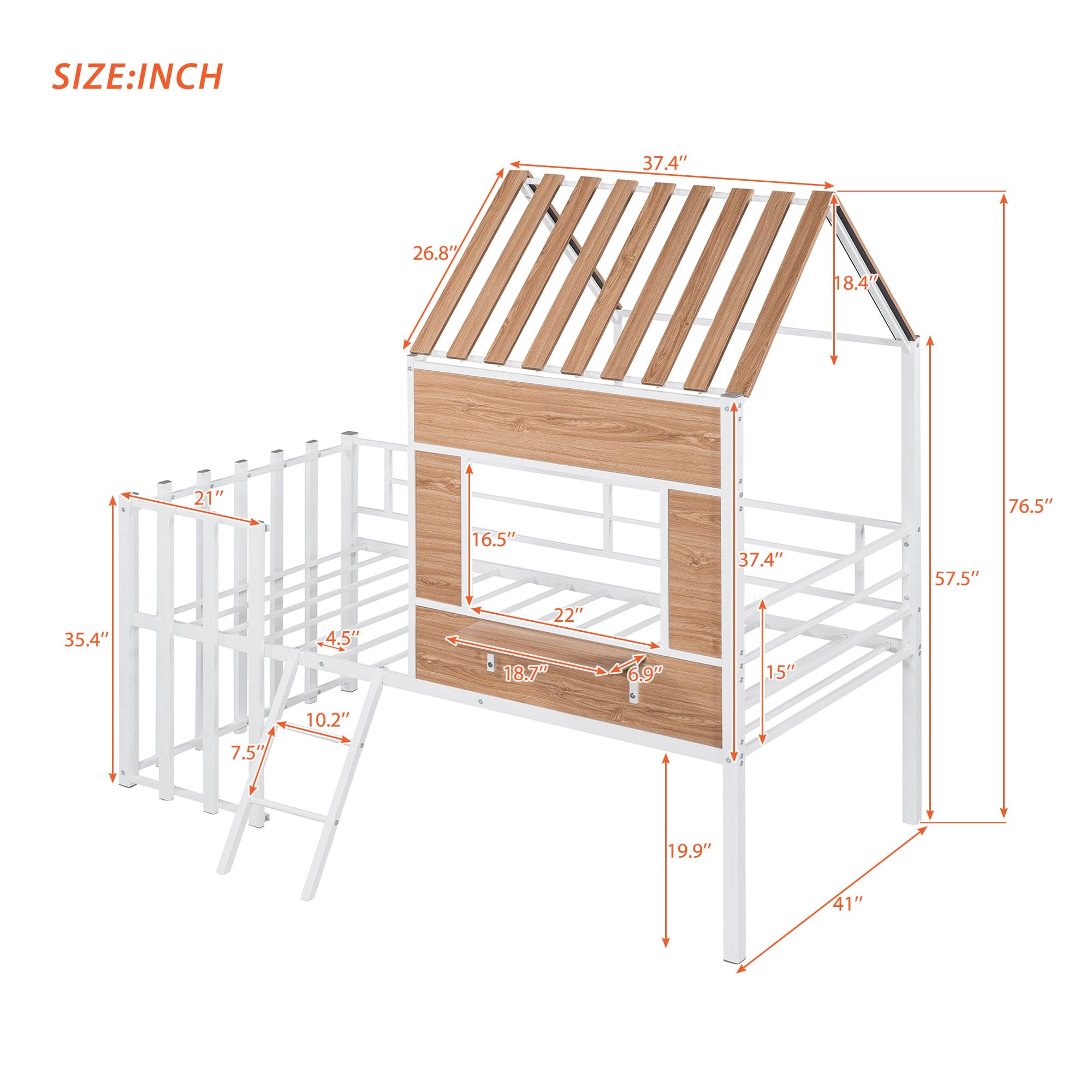 Metal Twin size Loft Bed with Roof, Window, Guardrail, Ladder White