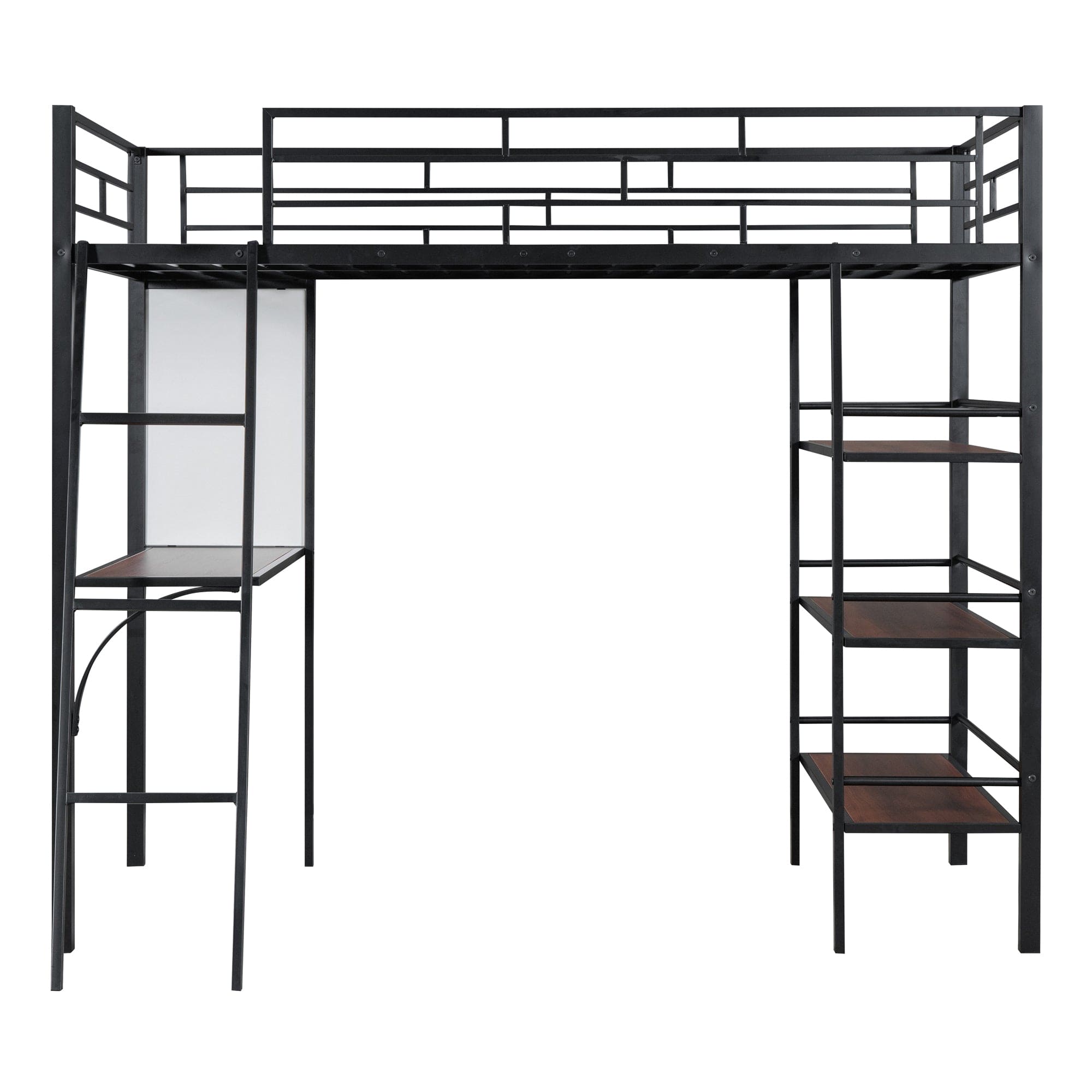 Twin Size Loft Metal Bed with 3 Layers of Shelves and Desk, Stylish Metal Frame Bed with Whiteboard, Black