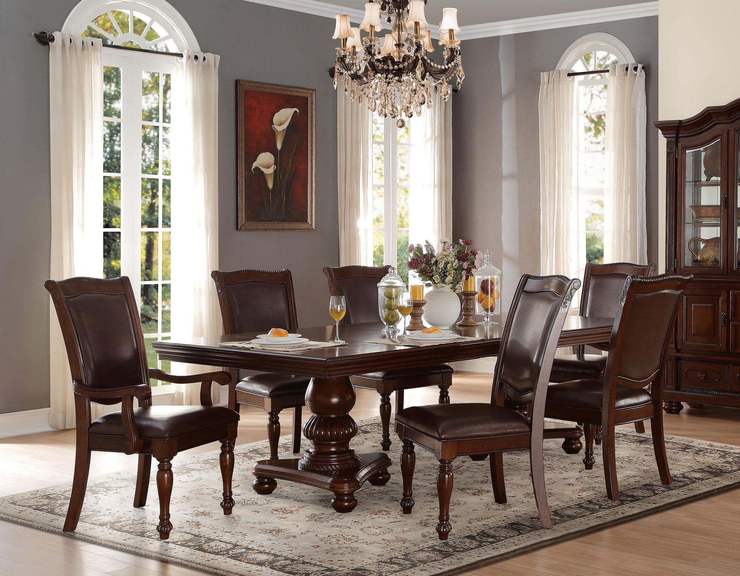 Traditional Dining Table 1pc Brown Cherry Finish Double Pedestal Base Separate Extension Leaf Dining Furniture