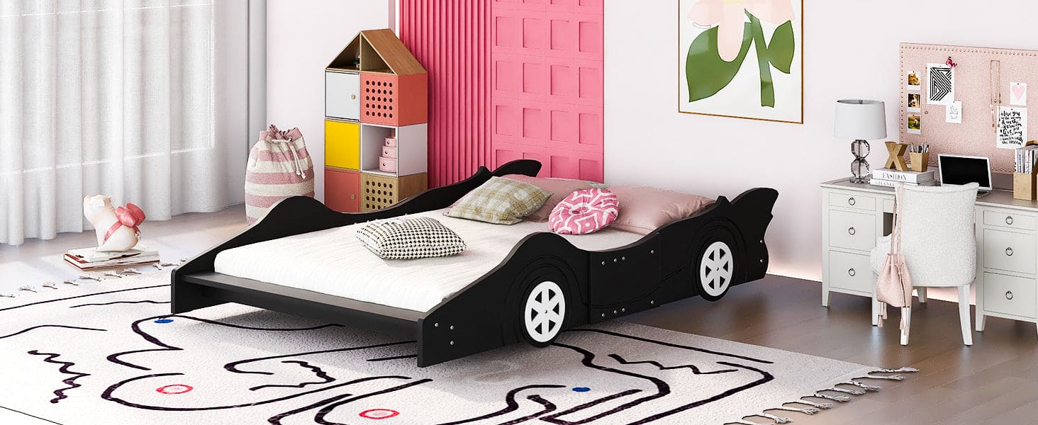 Full Size Race Car-Shaped Platform Bed with Wheels,Black