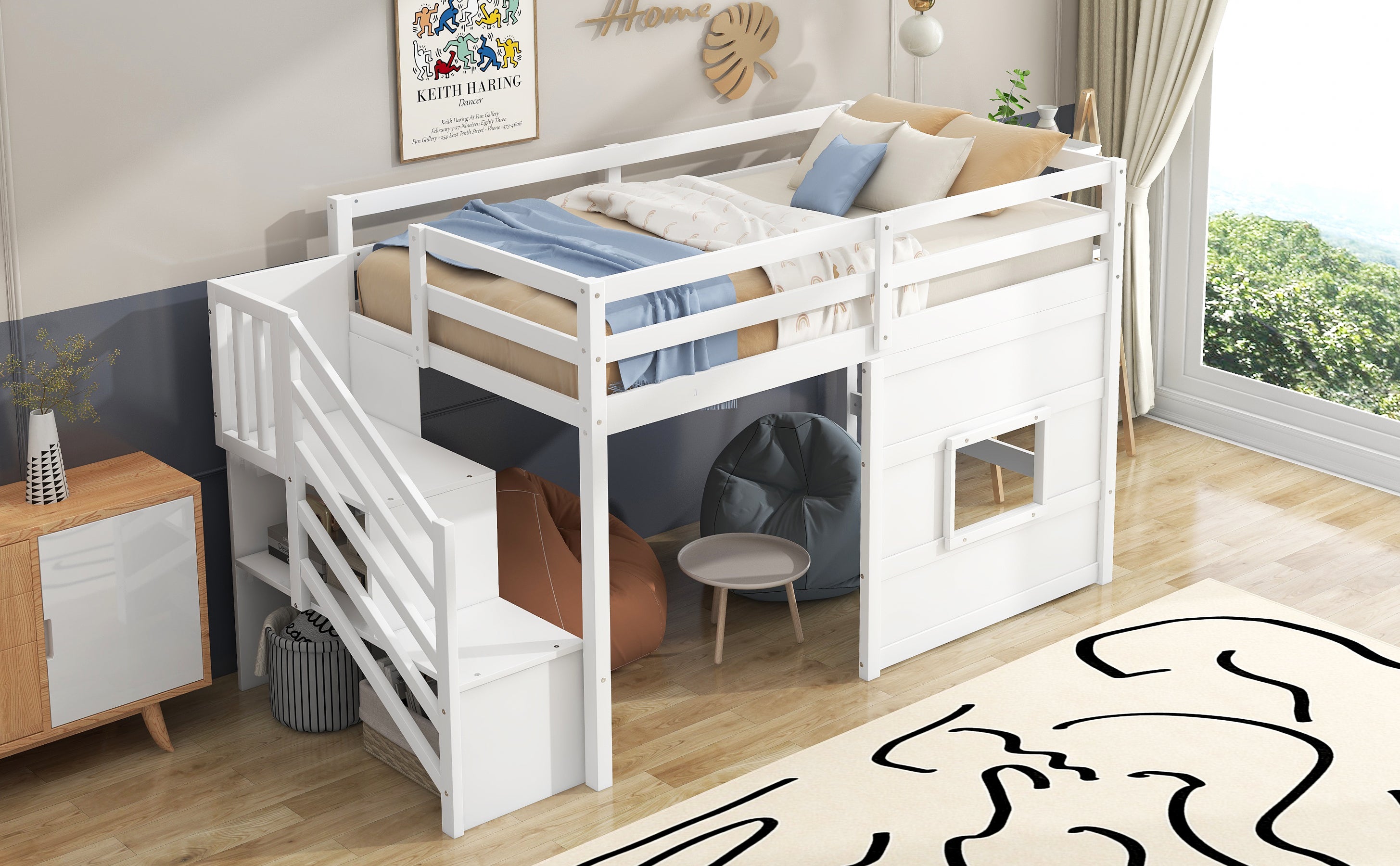 Twin Size Loft Bed with Storage Staircase and Window, White