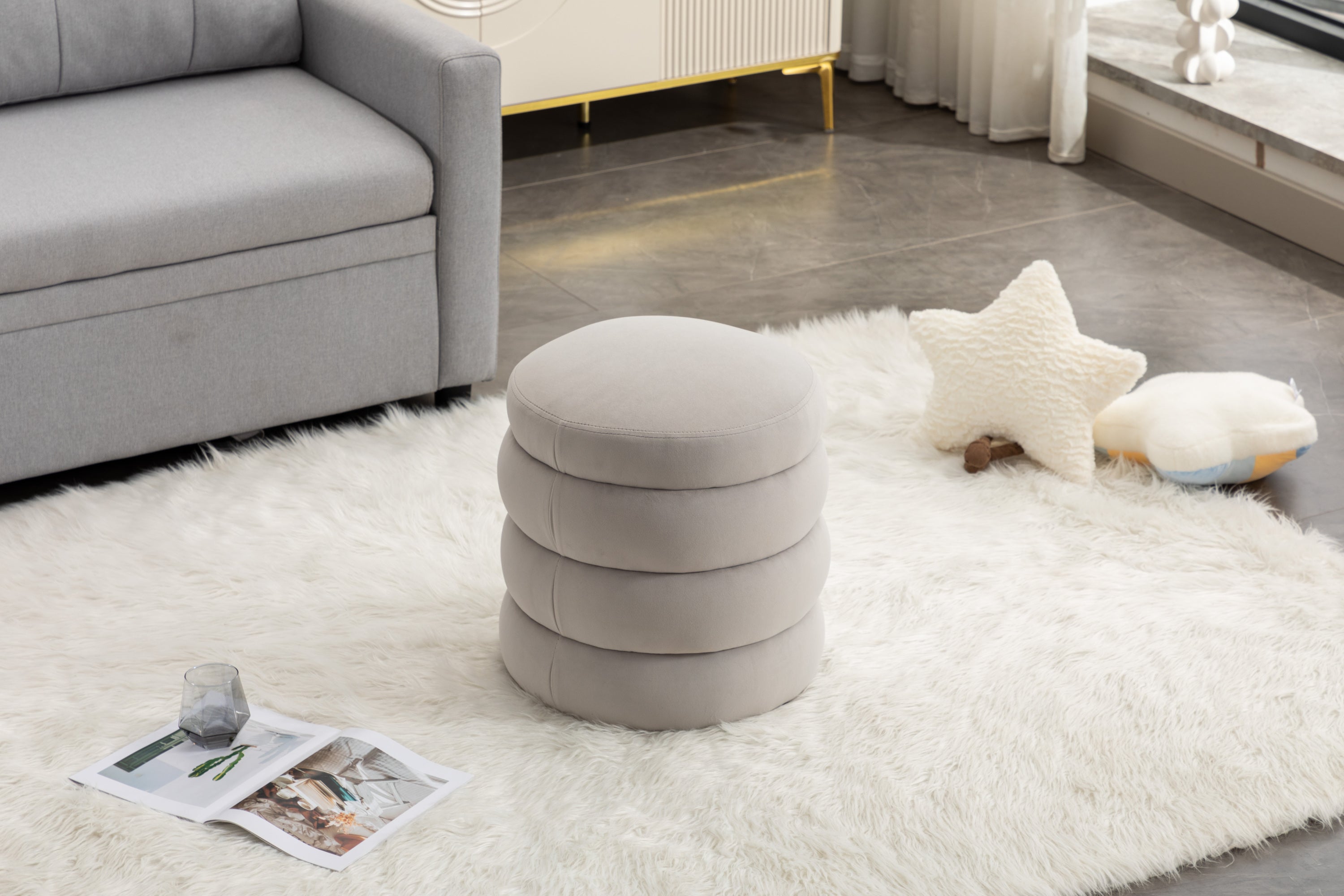 006-Soft Velvet  Round Ottoman Footrest Stool,Light Gray