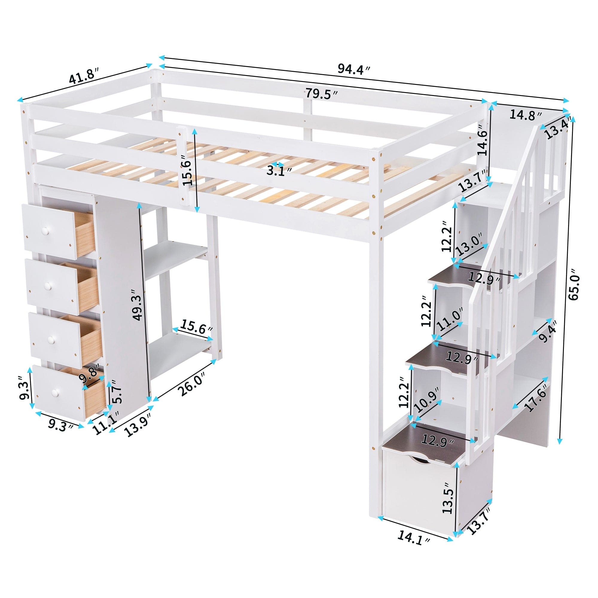 Twin size Loft Bed with Storage Drawers and Stairs, Wooden Loft Bed with Shelves - White