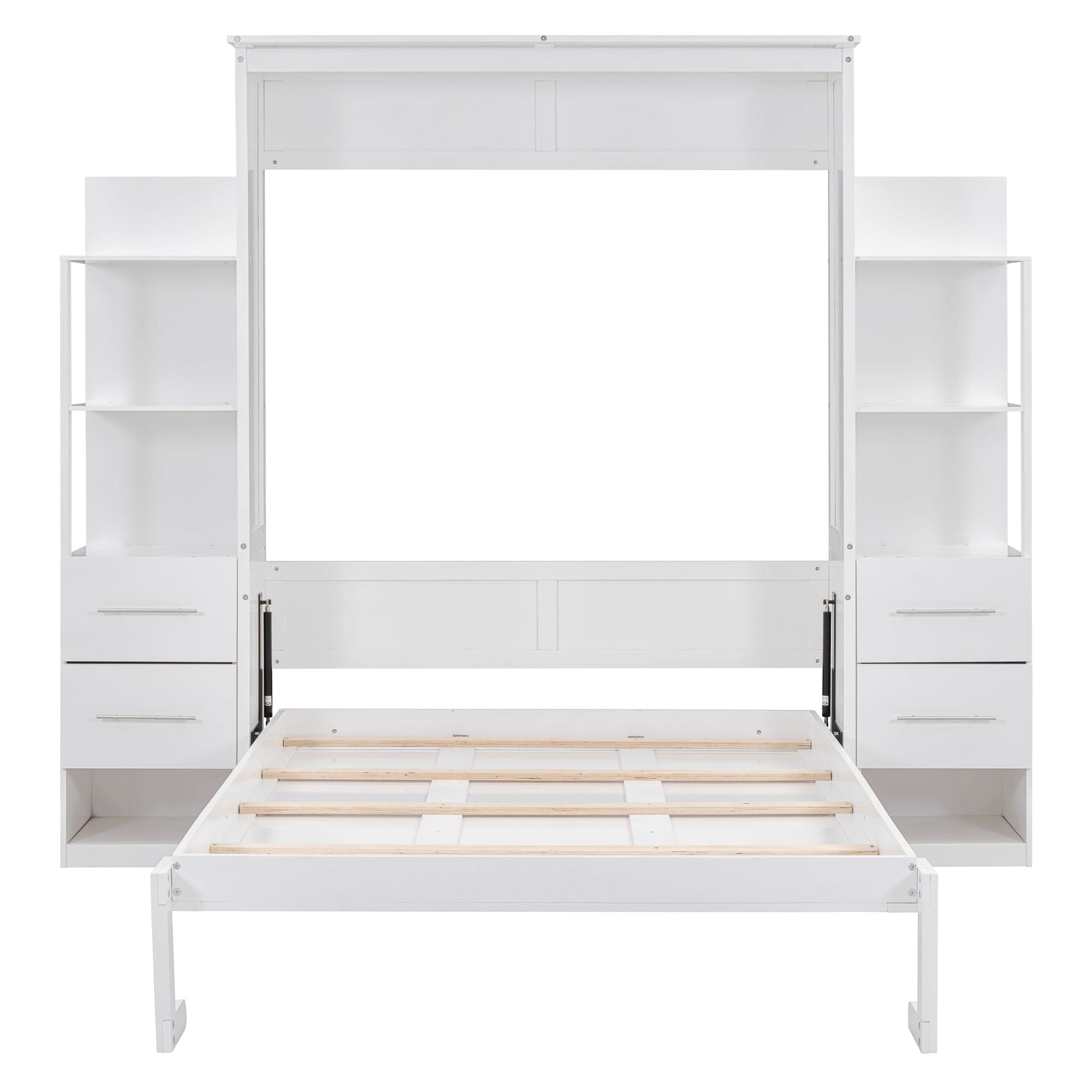 Full Size Murphy Bed Wall Bed with Shelves, Drawers and LED Lights,White