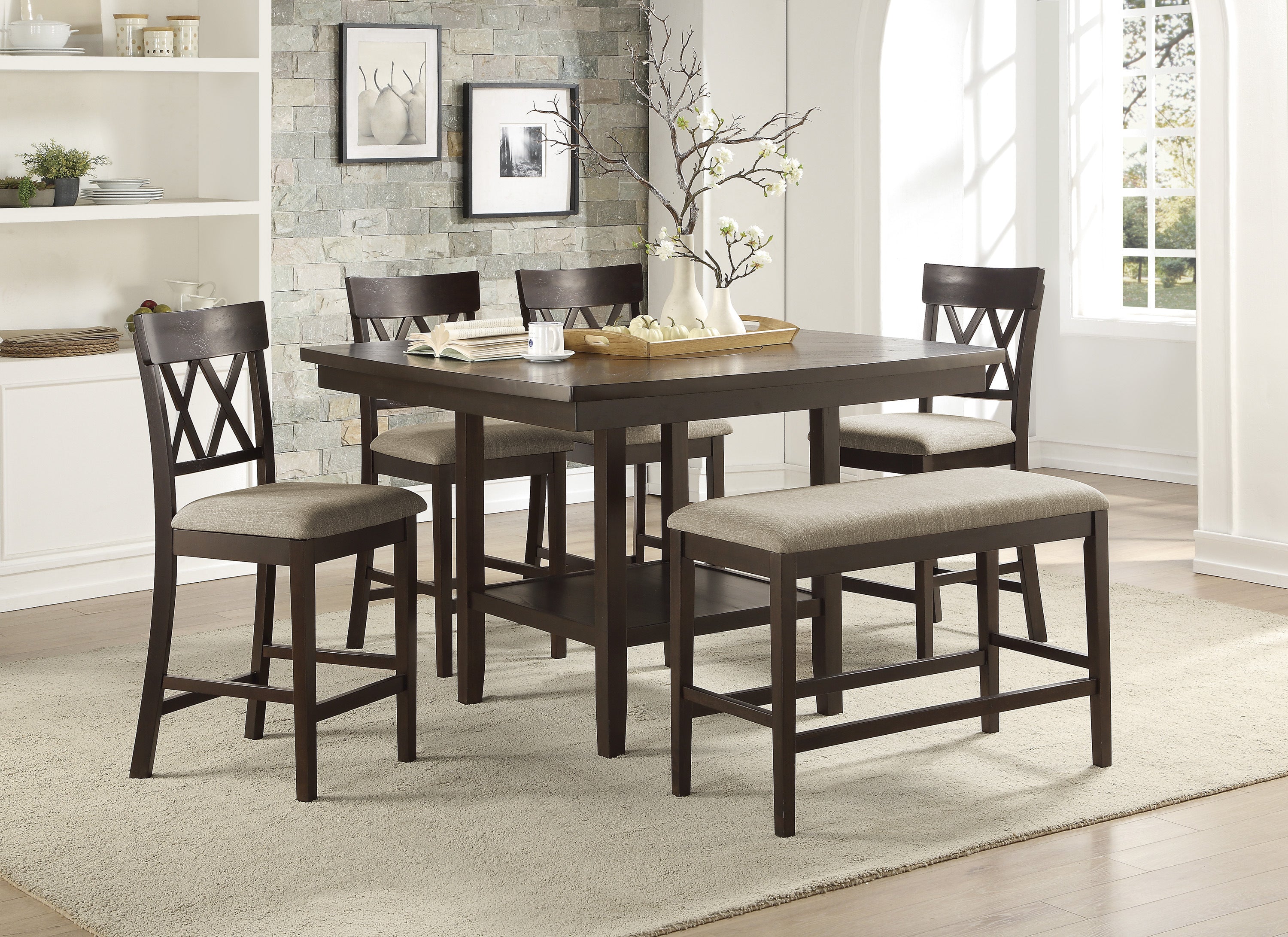 Dark Brown Finish Counter Height Chairs 2pc Set Double X-Back Design Lenin-like Fabric Padded Seat Dining Furniture