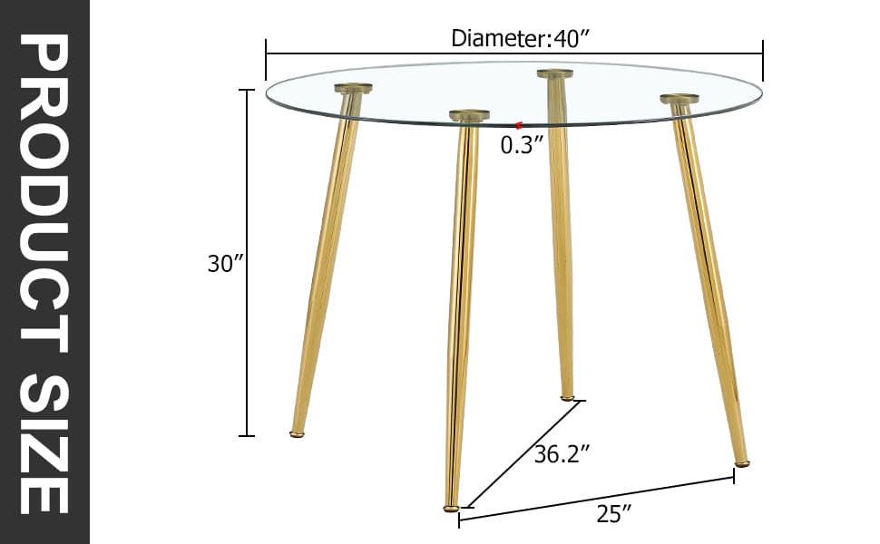 A glass tabletop with a diameter of 40 inches and a modern minimalist circular dining table with gold plated metal legs. 40 '* 40' * 30 ' DT-1164