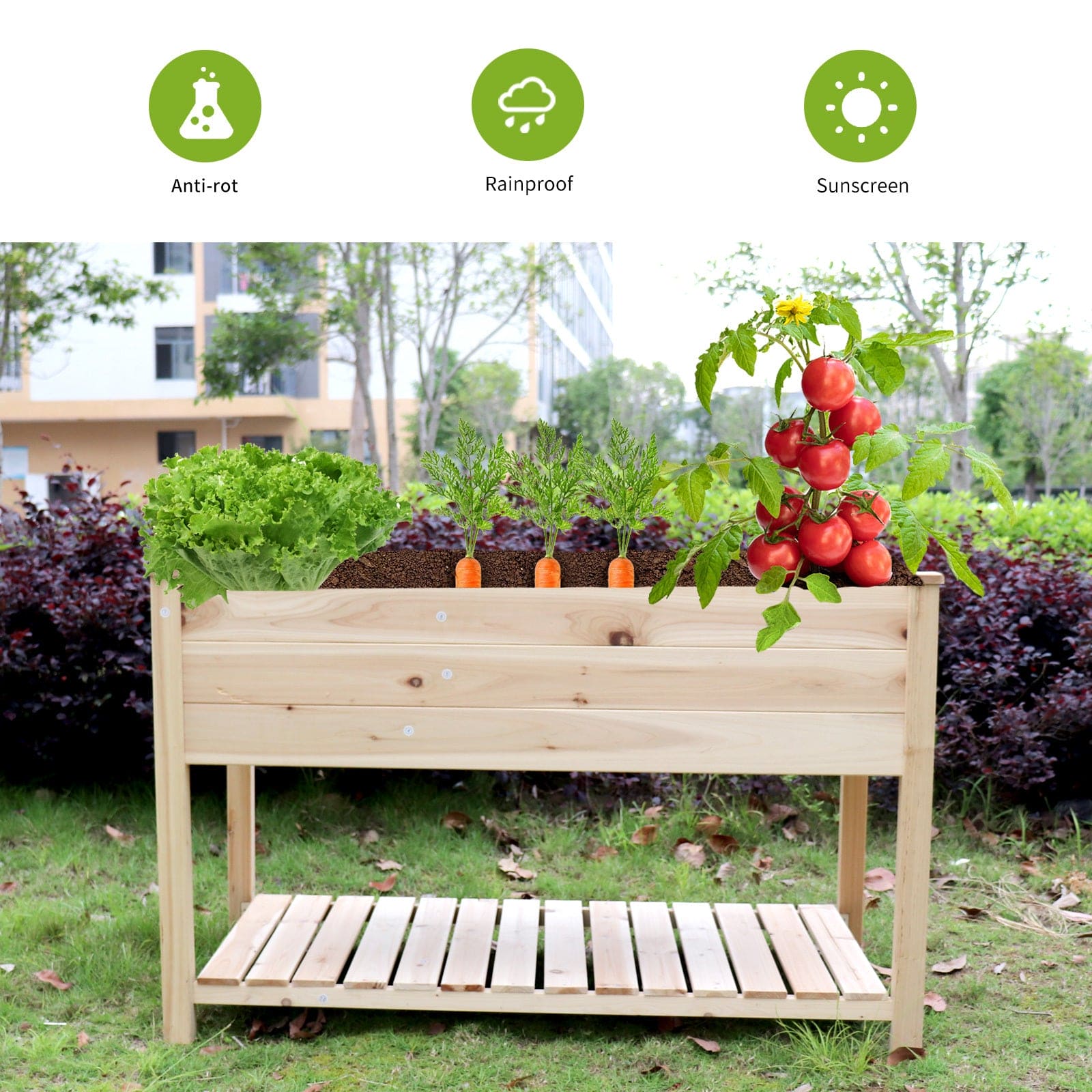 Raised Garden Bed Planter Box with Legs & Storage Shelf Wooden Elevated Vegetable Growing Bed for Flower/Herb/Backyard/Patio/Balcony 48.5x30x24.4in(colourless)