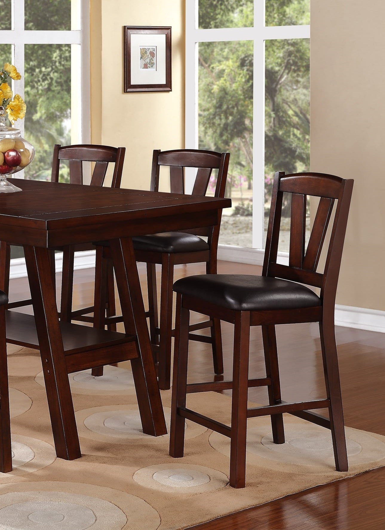 Dark Walnut Wood Framed Back Set of 2 Counter Height Dining Chairs Breakfast Kitchen Cushion Seats