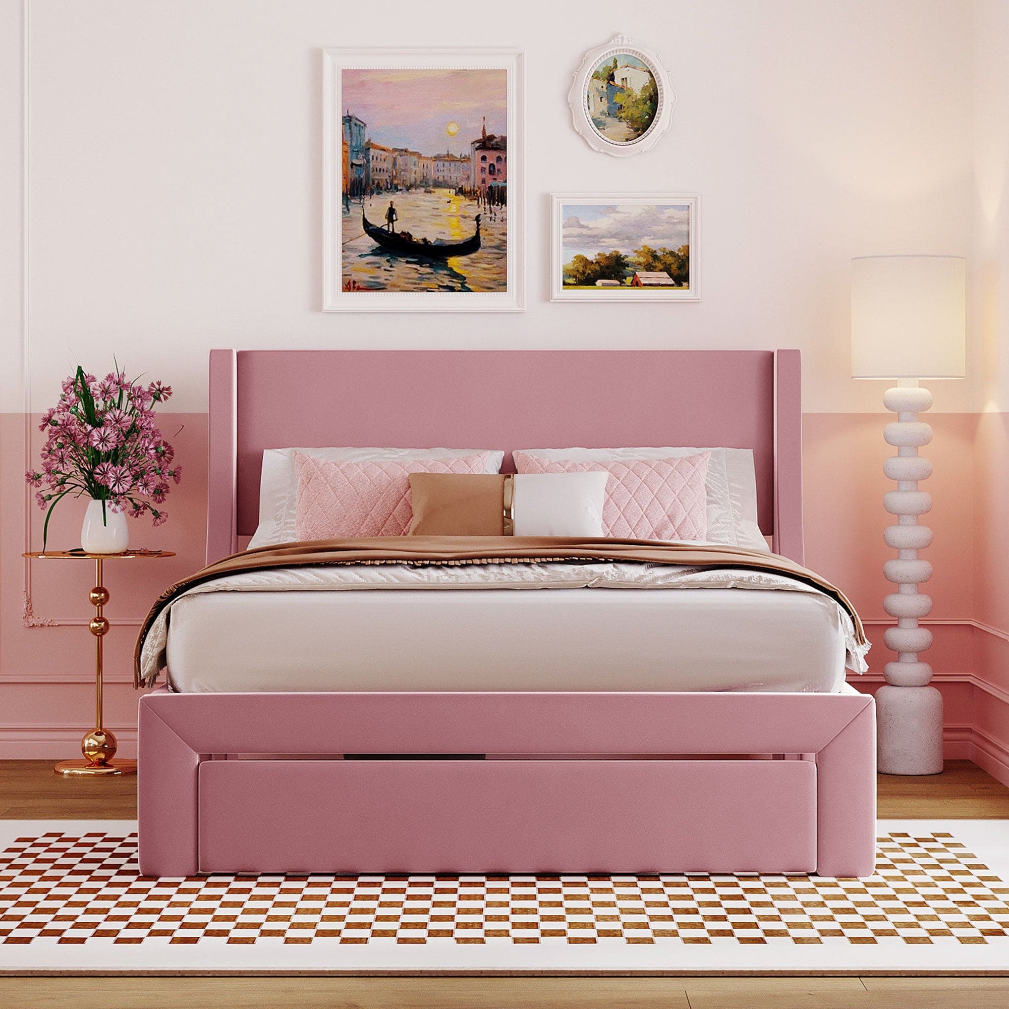 Full Size Storage Bed Velvet Upholstered Platform Bed with a Big Drawer - Pink